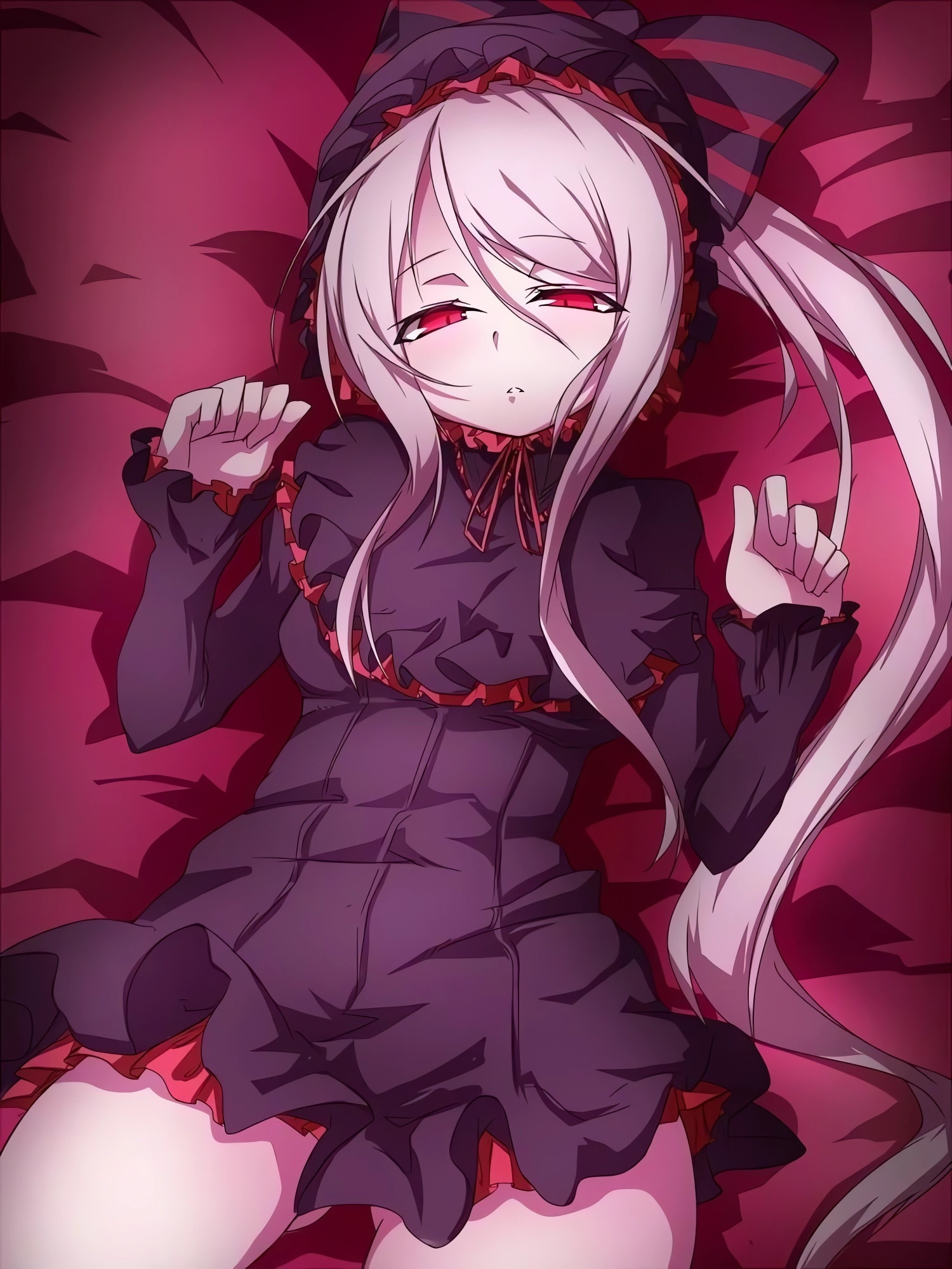 Anime 1500x2000 anime anime girls Overlord (anime) Shalltear Bloodfallen portrait display ponytail red eyes lying on back looking at viewer lying down long hair dress