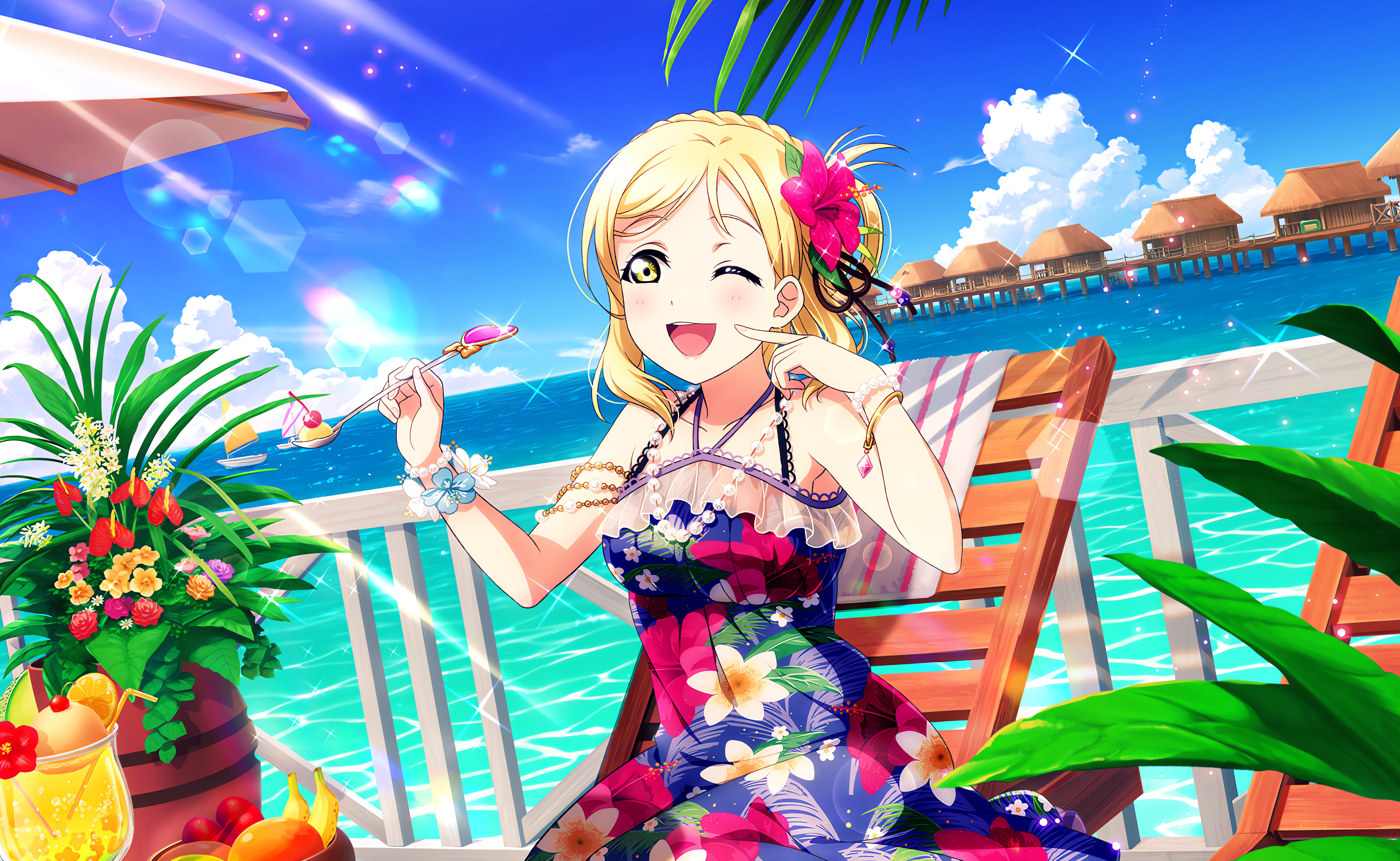 Anime 4096x2520 Ohara Mari Love Live! Love Live! Sunshine anime anime girls clouds sky sunlight leaves flowers one eye closed blushing flower in hair spoon drink fruit food water sitting bracelets pearl necklace stars