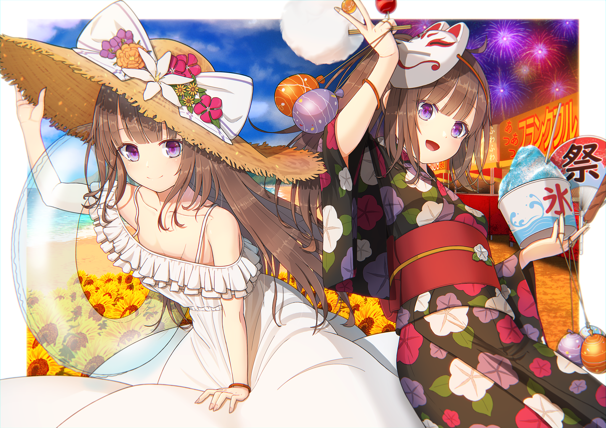 Anime 2047x1447 anime anime girls original characters long hair brunette two women twins artwork digital art straw hat hat kimono floater fox mask mask looking at viewer smiling fireworks