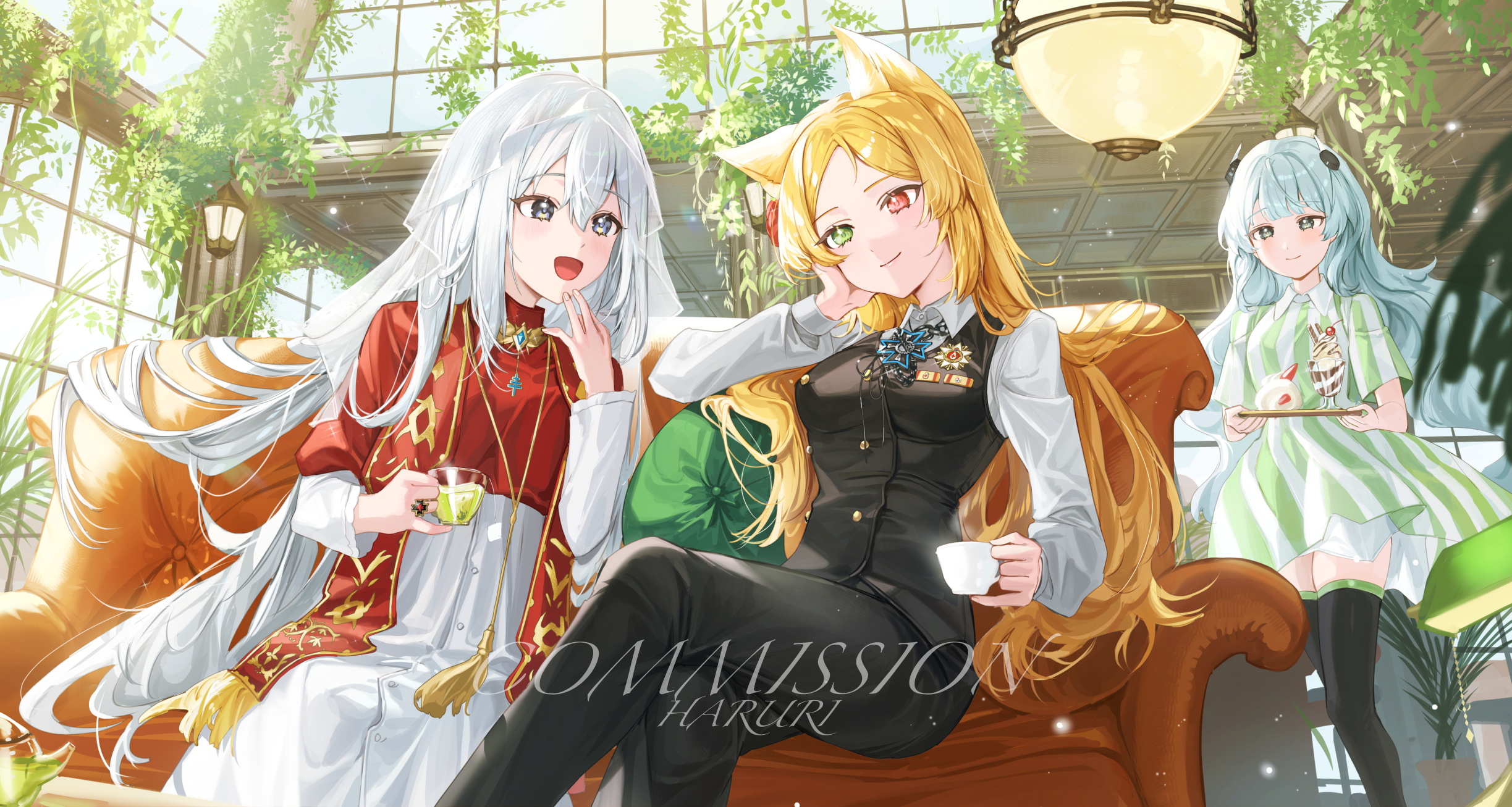 Anime 2447x1307 anime anime girls sitting heterochromia long hair smiling cup drink sunlight leaves sweets stockings open mouth uniform couch signature fox girl fox ears
