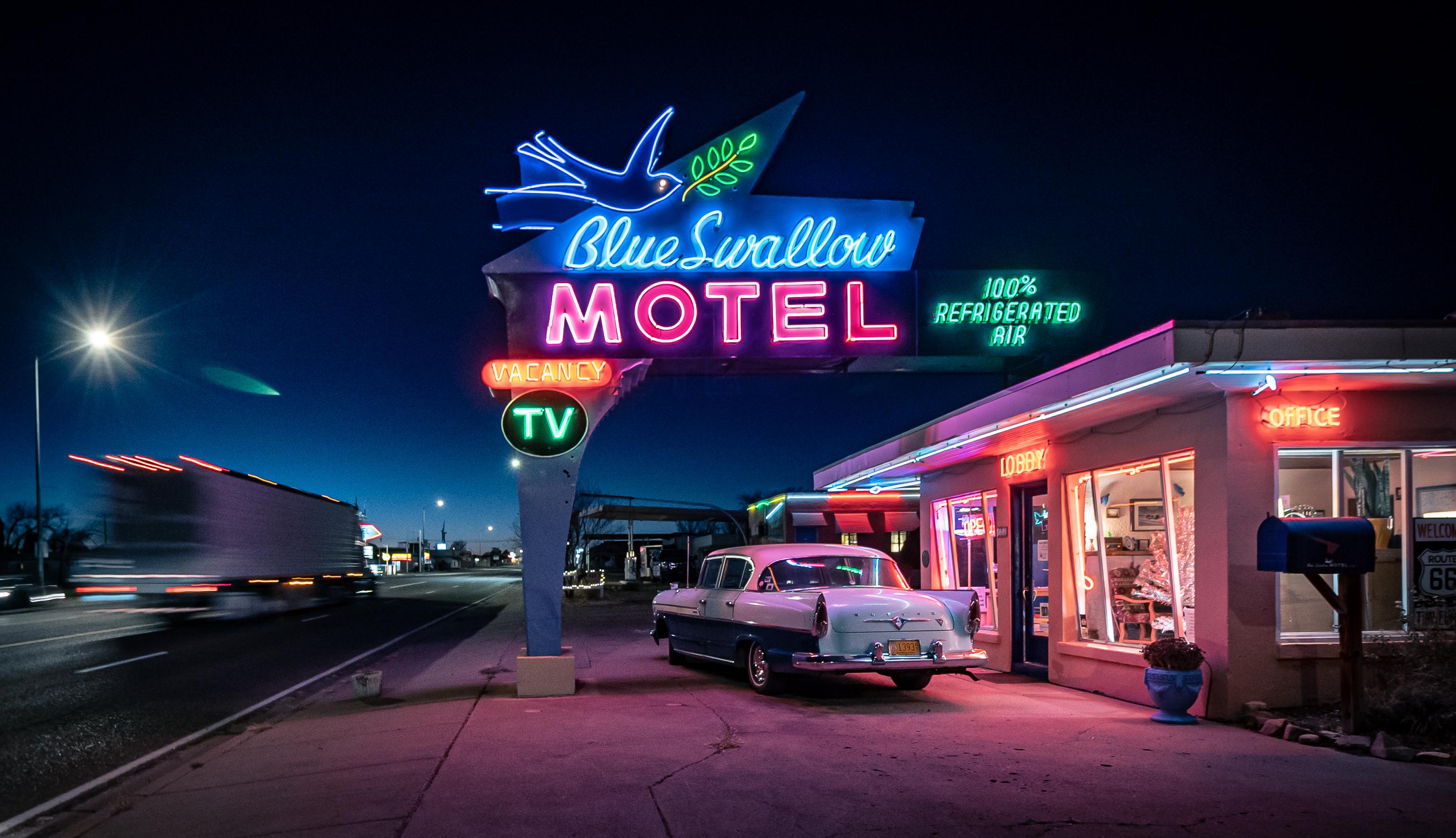 General 3189x1836 building urban city retro style photography car street neon motel long exposure truck road night New Mexico USA