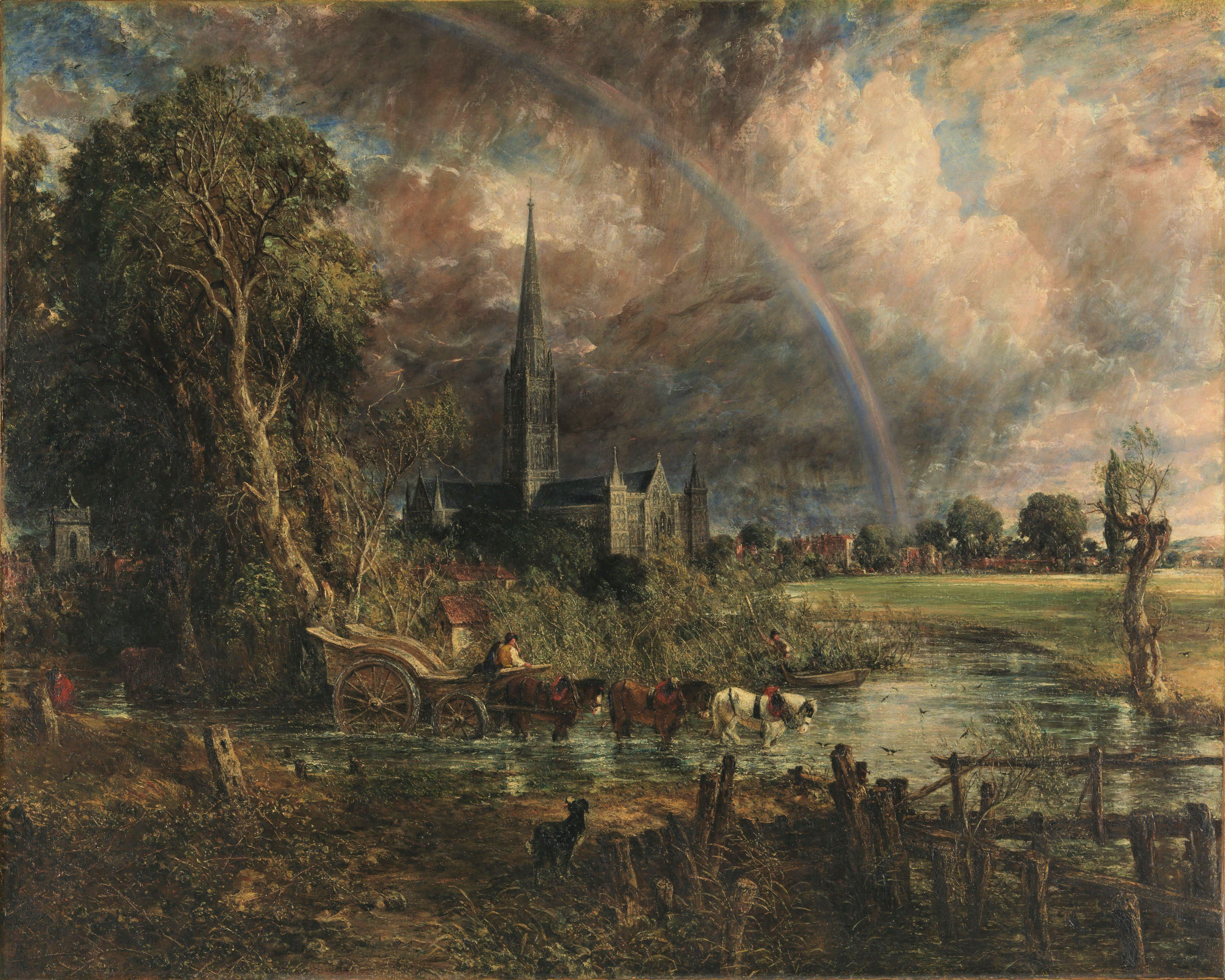 General 2953x2362 classic art painting John Constable town cathedral river horse rainbows sky clouds