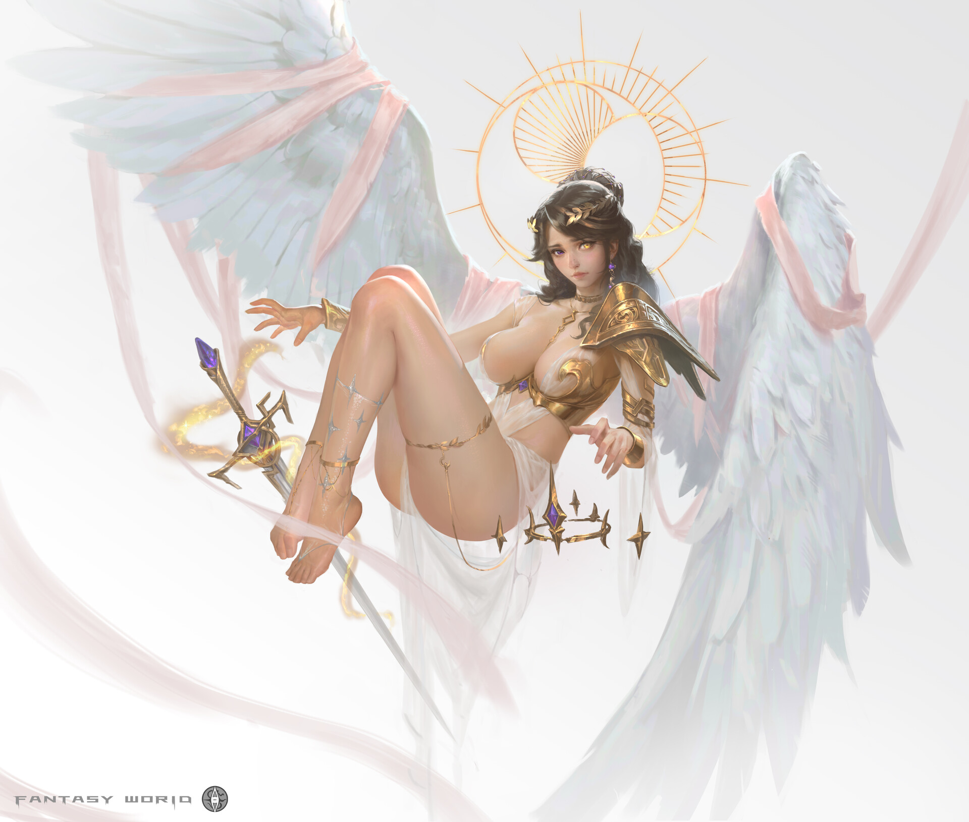 General 1920x1630 Wu Guan drawing women skimpy clothes wings gold heterochromia digital art