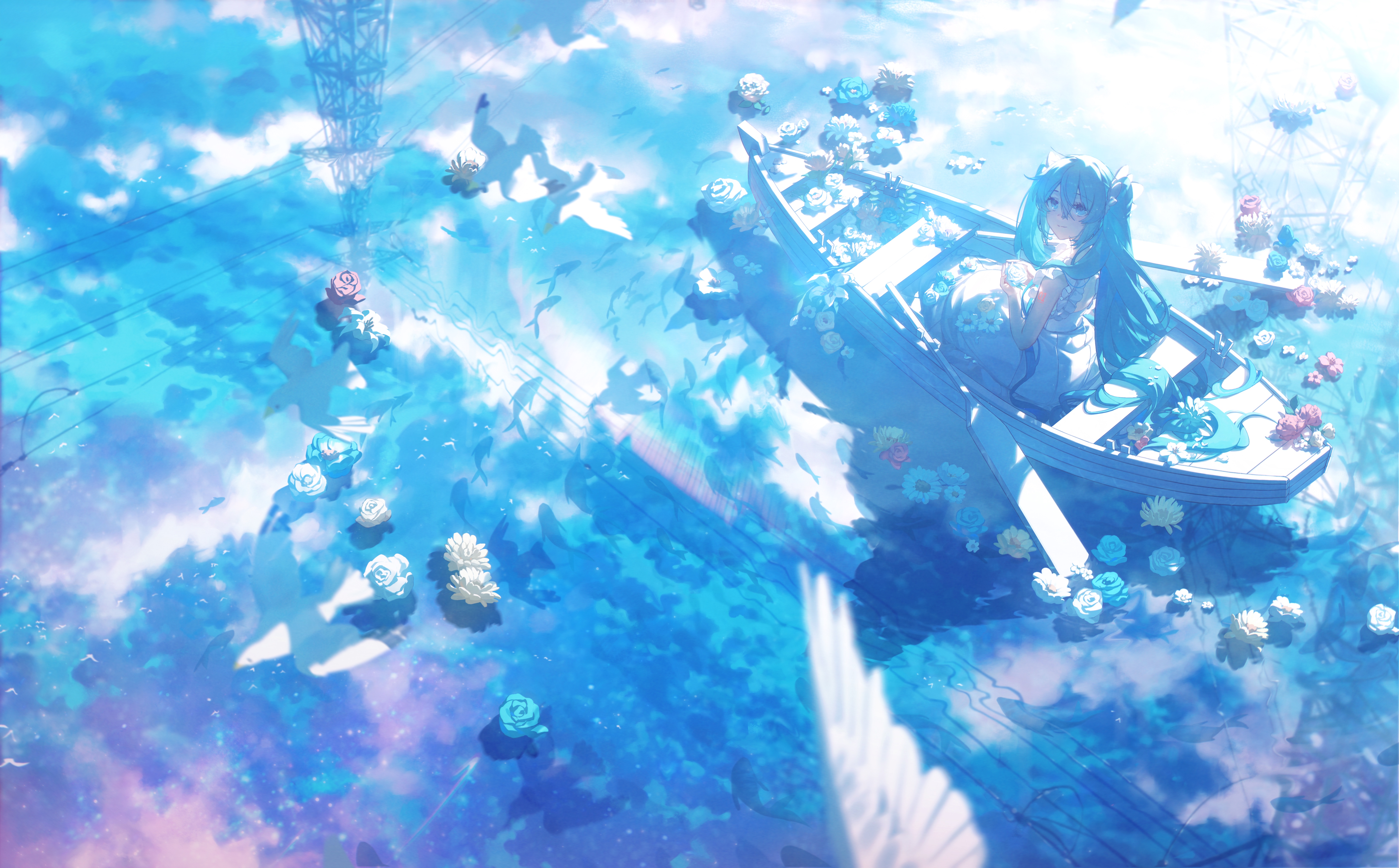 Anime 6700x4158 Hatsune Miku water boat flowers Vocaloid reflection long hair blue hair anime girls blue eyes sitting