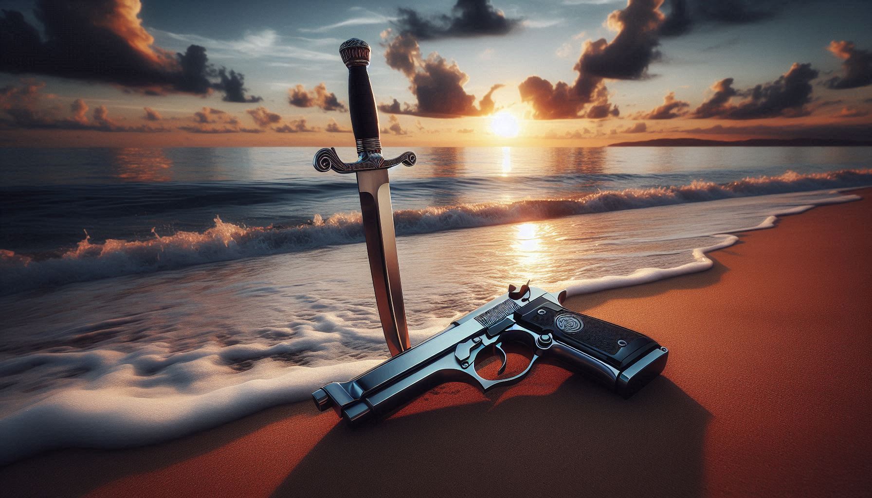 General 1792x1024 gun sand sunset sunset glow ocean view sea AI art