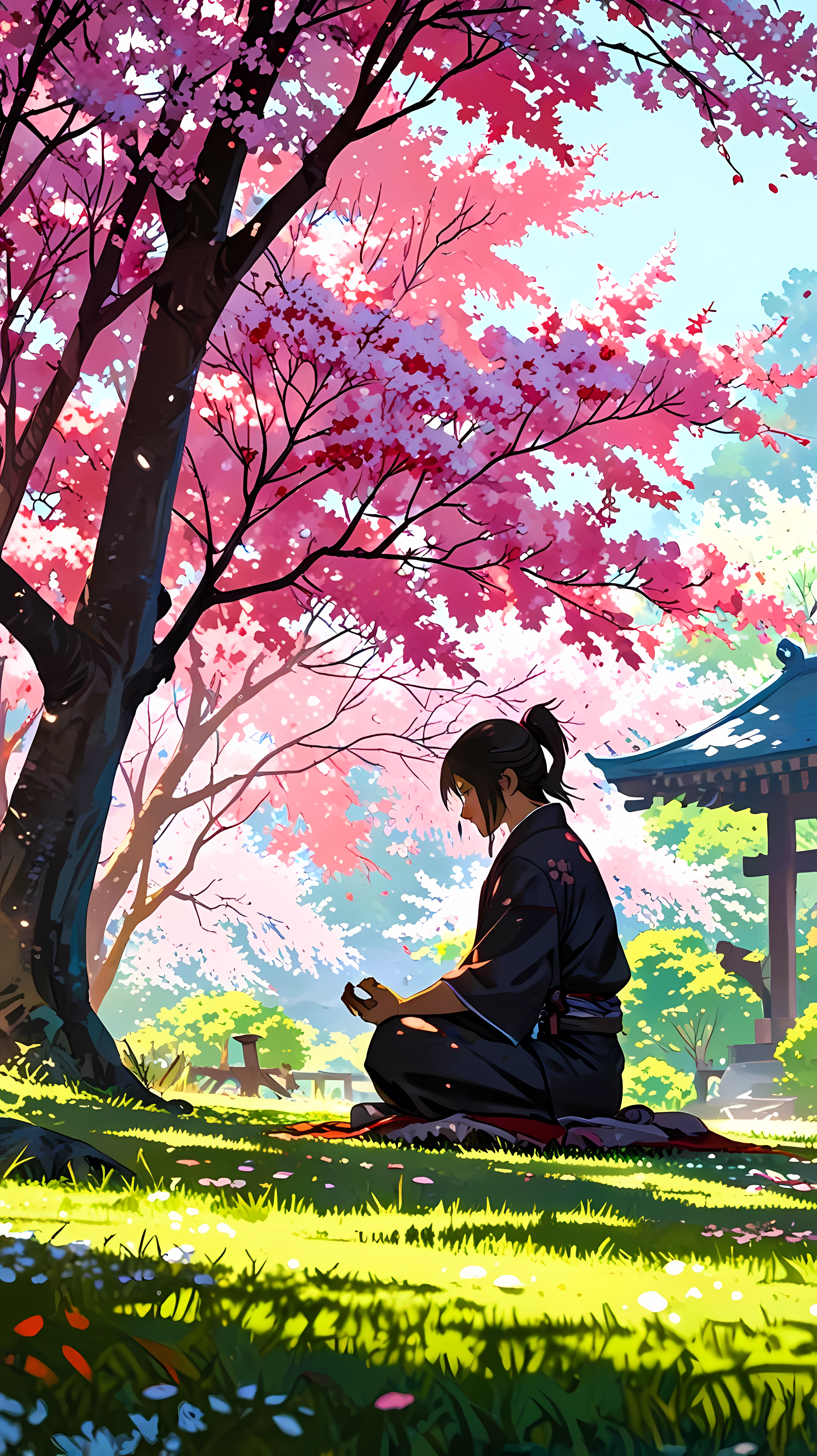 Anime 3072x5472 anime meditation peaceful spring Japanese Garden nature Serenity zen spiritual traditional clothing female character sunlight outdoors AI art