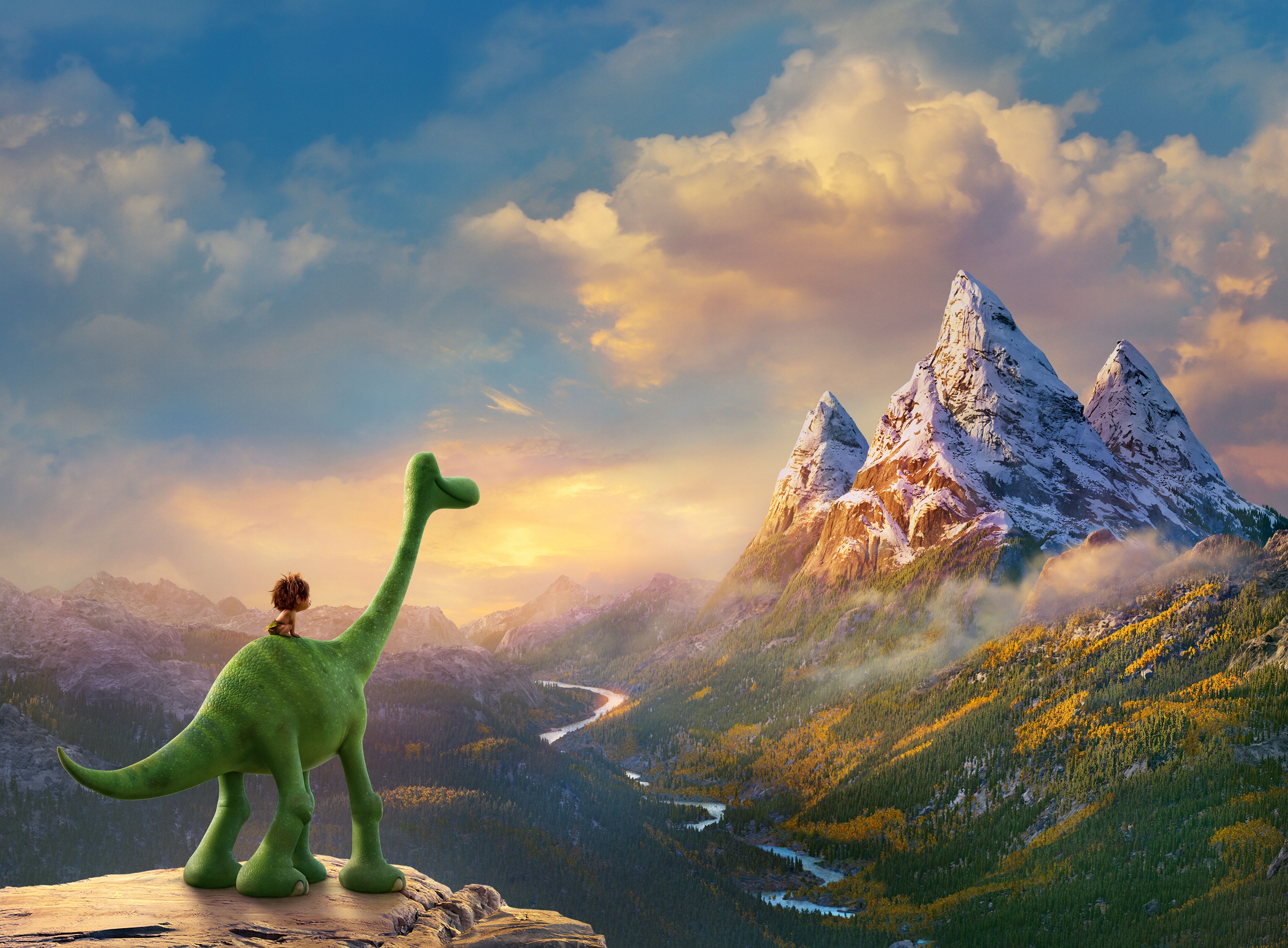 Anime 5000x3682 dinosaurs movies The Good Dinosaur CGI mountains clouds landscape sunset glow