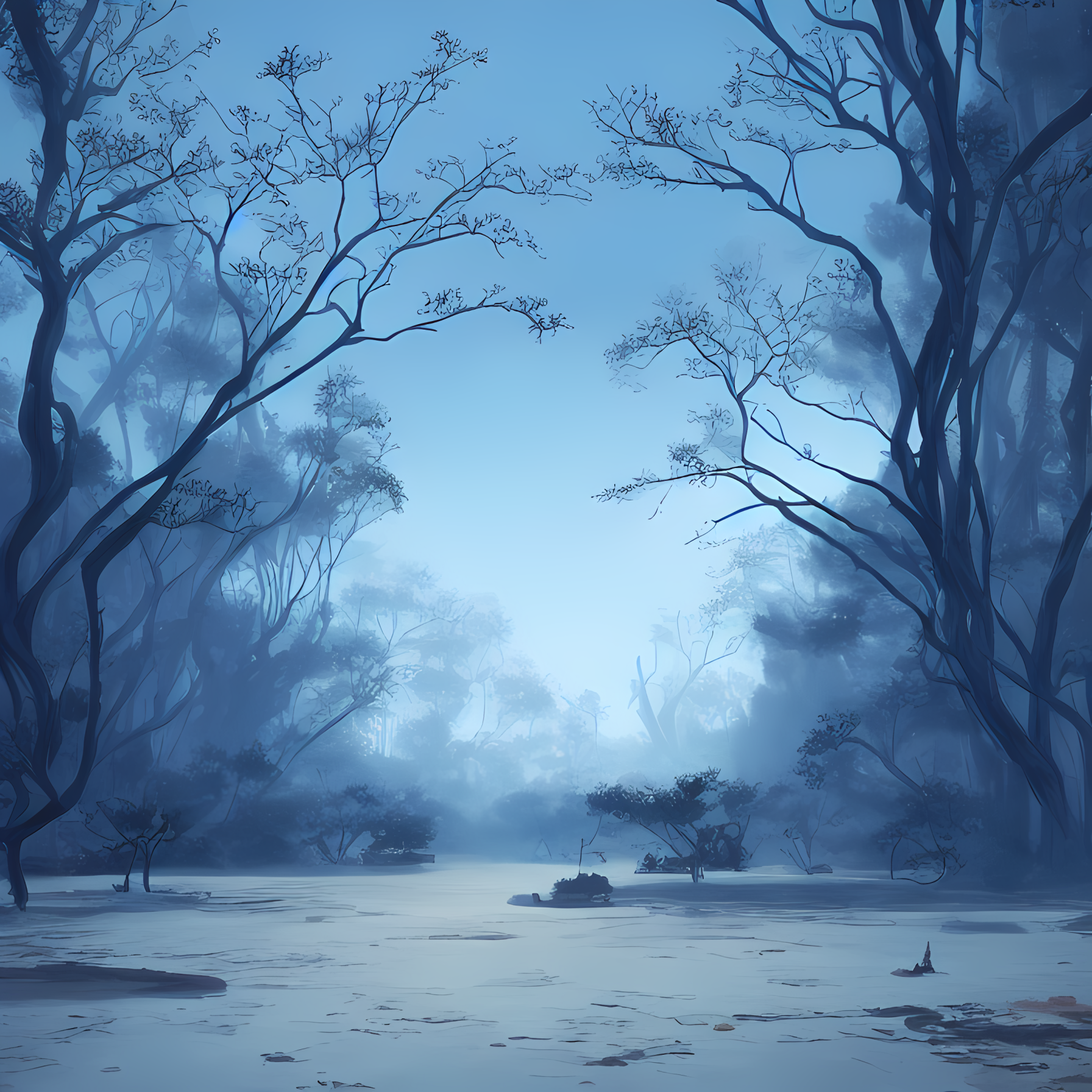General 1792x1792 Winter (Renderfem) cold forest desolate Chinese architecture AI art blue nature trees landscape