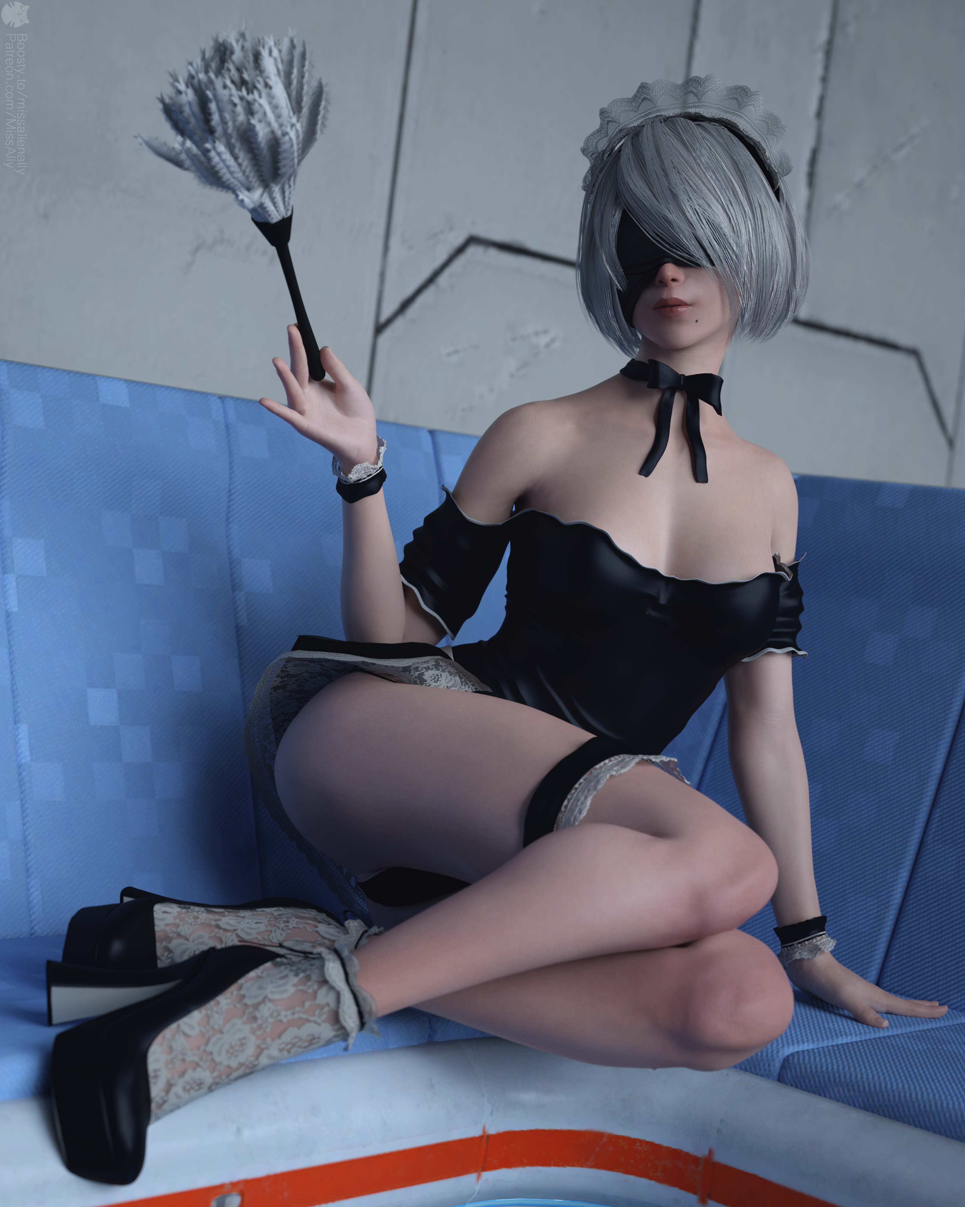 General 3200x4000 2B (Nier: Automata) Nier: Automata video games video game characters video game girls maid maid outfit CGI fan art artwork digital art Miss Ally portrait display blindfold choker heels duster