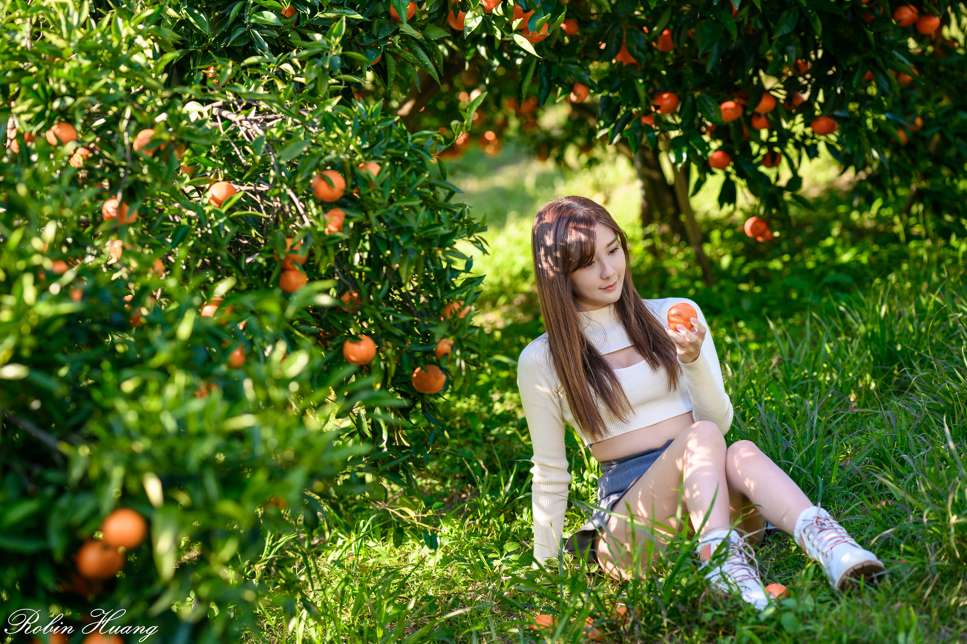 People 3072x2048 women Asian casual grass Robin Huang watermarked orange (fruit) brunette orchards
