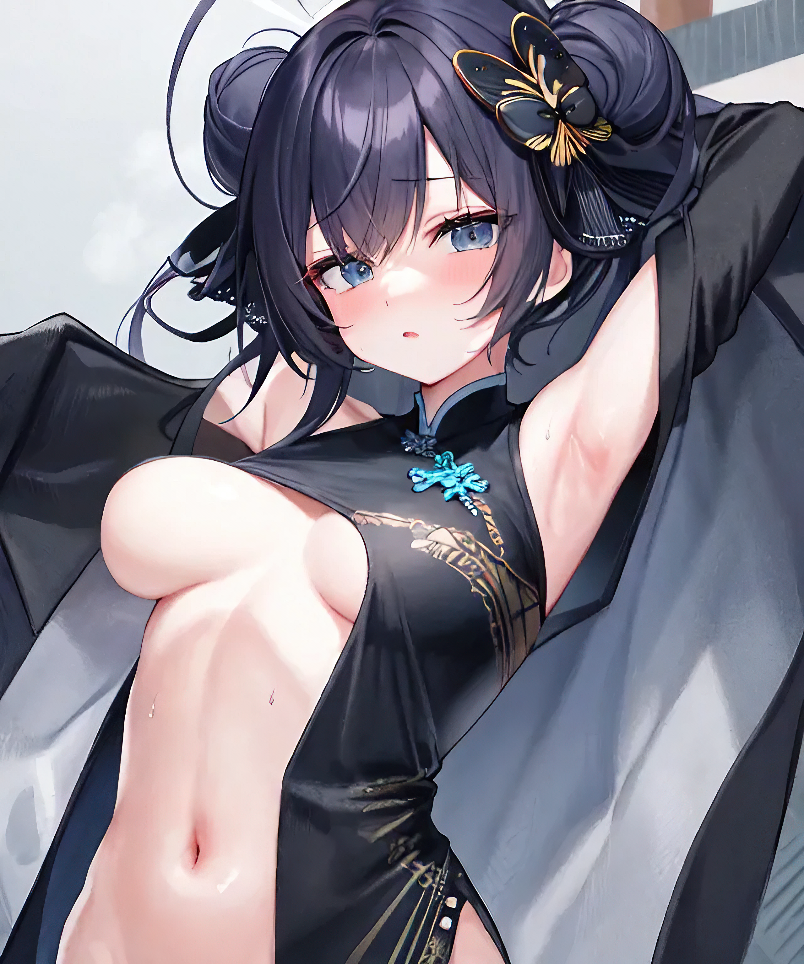 Anime 2560x3072 Blue Archive Feixiao cheongsam hairbun long hair blushing armpits boobs anime girls portrait display belly belly button looking at viewer AI art