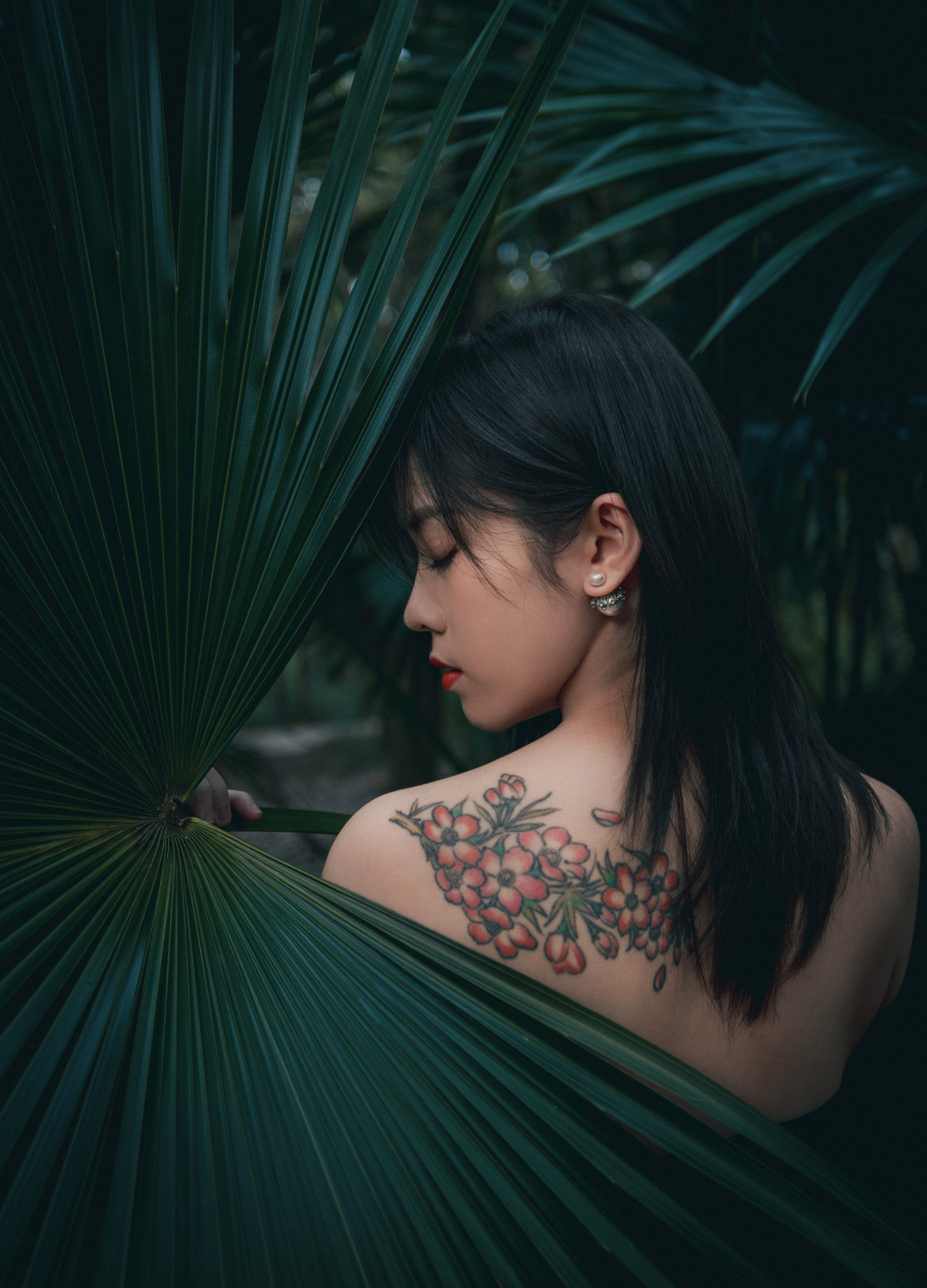 People 1474x2048 Qin Xiaoqiang women dark hair bare shoulders makeup Asian strapless dress leaves plants tattoo nature portrait