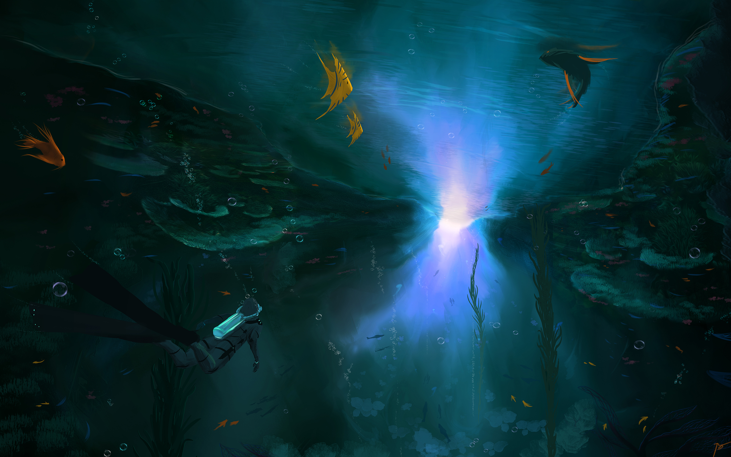 General 2560x1600 JoeyJazz underwater digital art divers fish bubbles water animals glowing