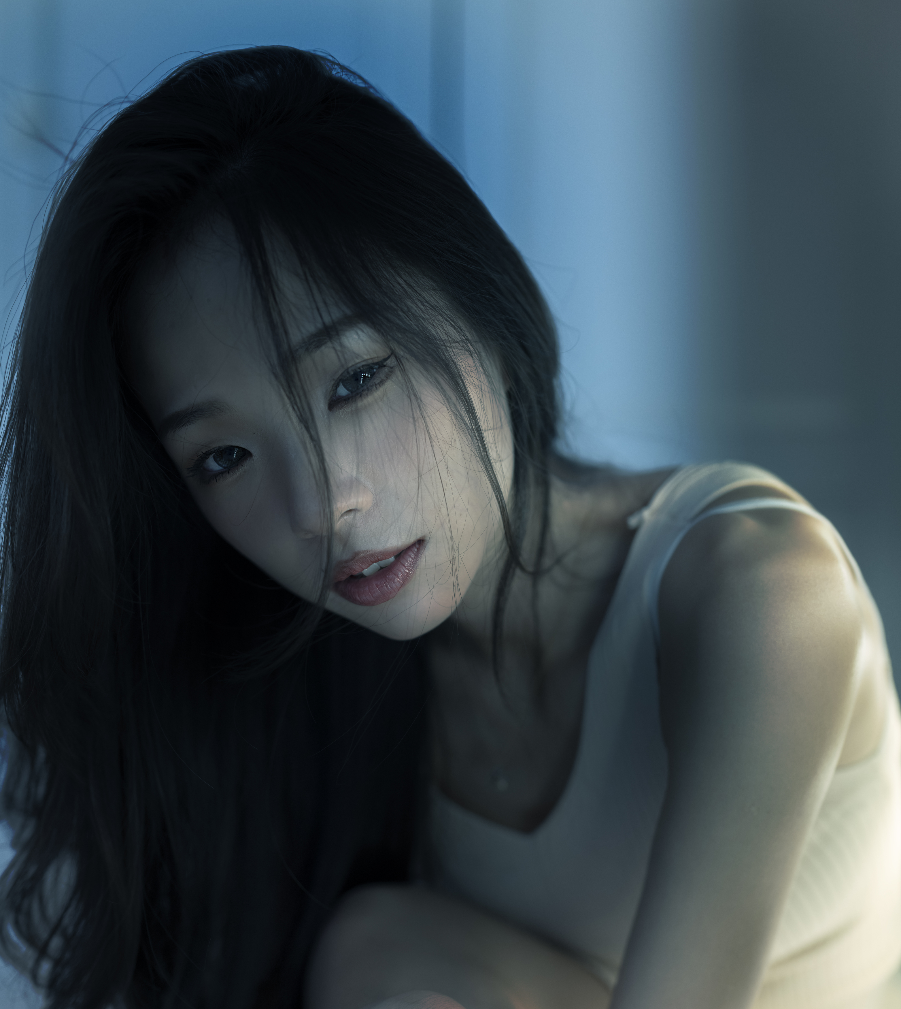 People 3127x3500 Chou Hsuan Yung women Asian dark hair hair in face portrait tank top blue skinny