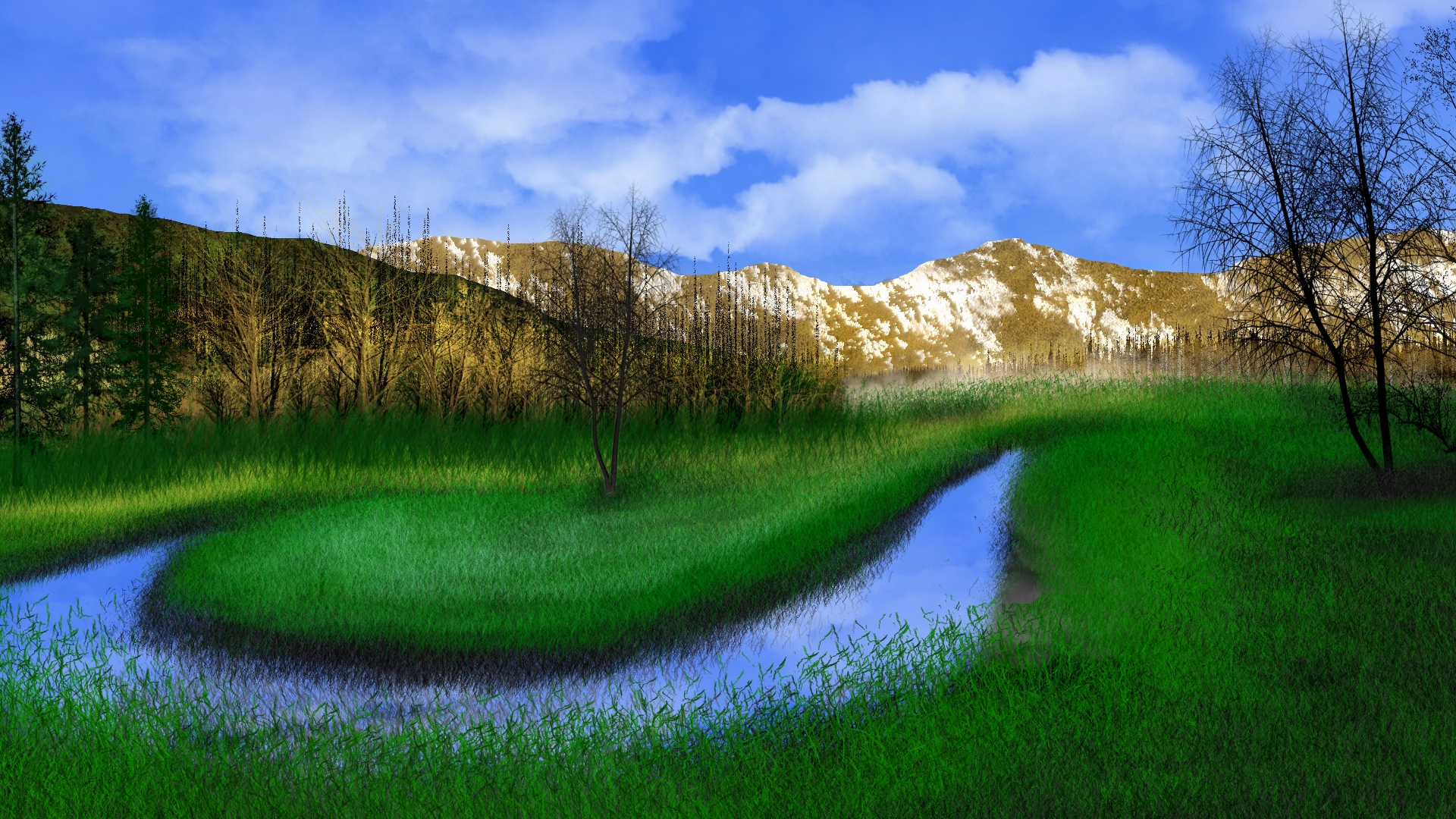 General 1920x1080 digital painting digital art nature landscape creeks water clouds sky mountains trees
