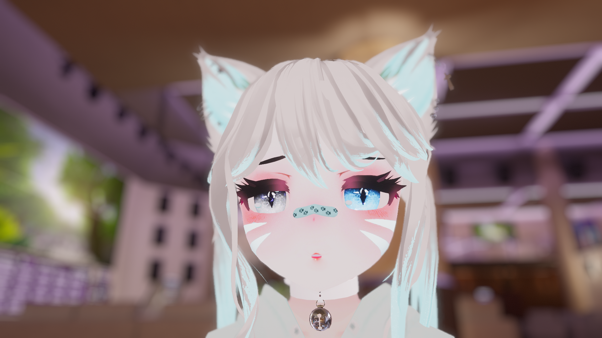 Anime 1920x1080 vrchat anime girls CGI heterochromia cat girl cat ears Band-Aid video games video game art screen shot collar depth of field video game characters face bells