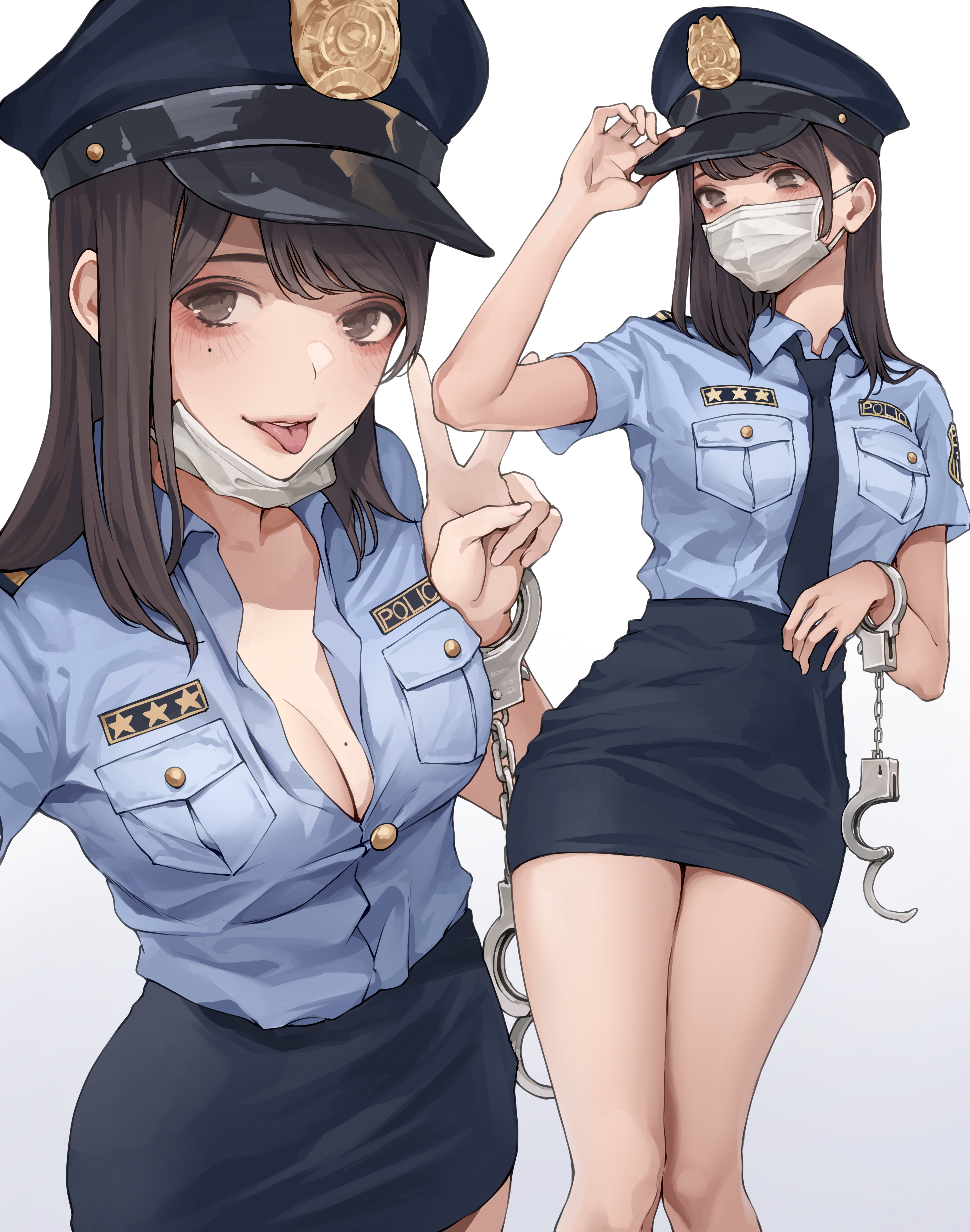 Anime 3566x4531 original characters anime anime girls police women 2D artwork drawing koh portrait display tongue out mask hat moles mole under eye cleavage peace sign handcuffs tie brunette mole on breast legs police hat police
