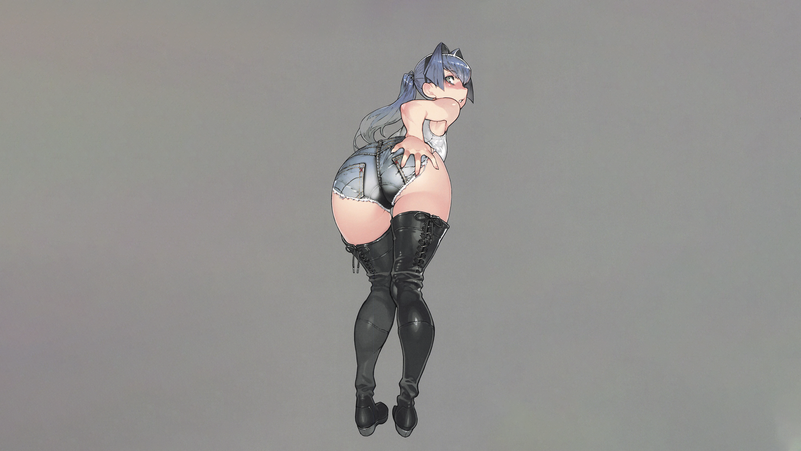 Anime 2560x1440 anime anime girls simple background minimalism gray background blushing short shorts jean shorts thighs thigh-highs thick thigh ass thick ass bent over Namaniku ATK ecchi looking back hands on ass
