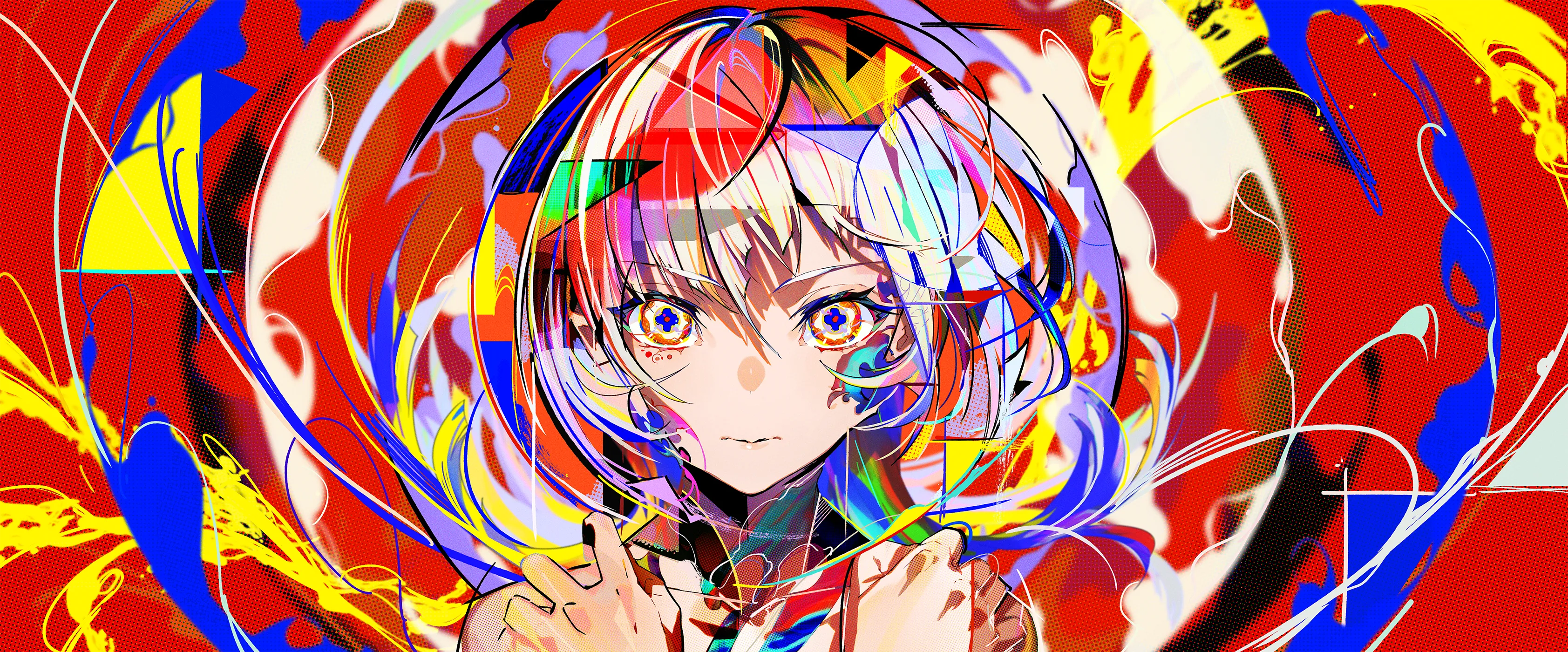 Anime 3367x1400 artwork illustration women anime girls colorful abstract looking at viewer mika pikazo