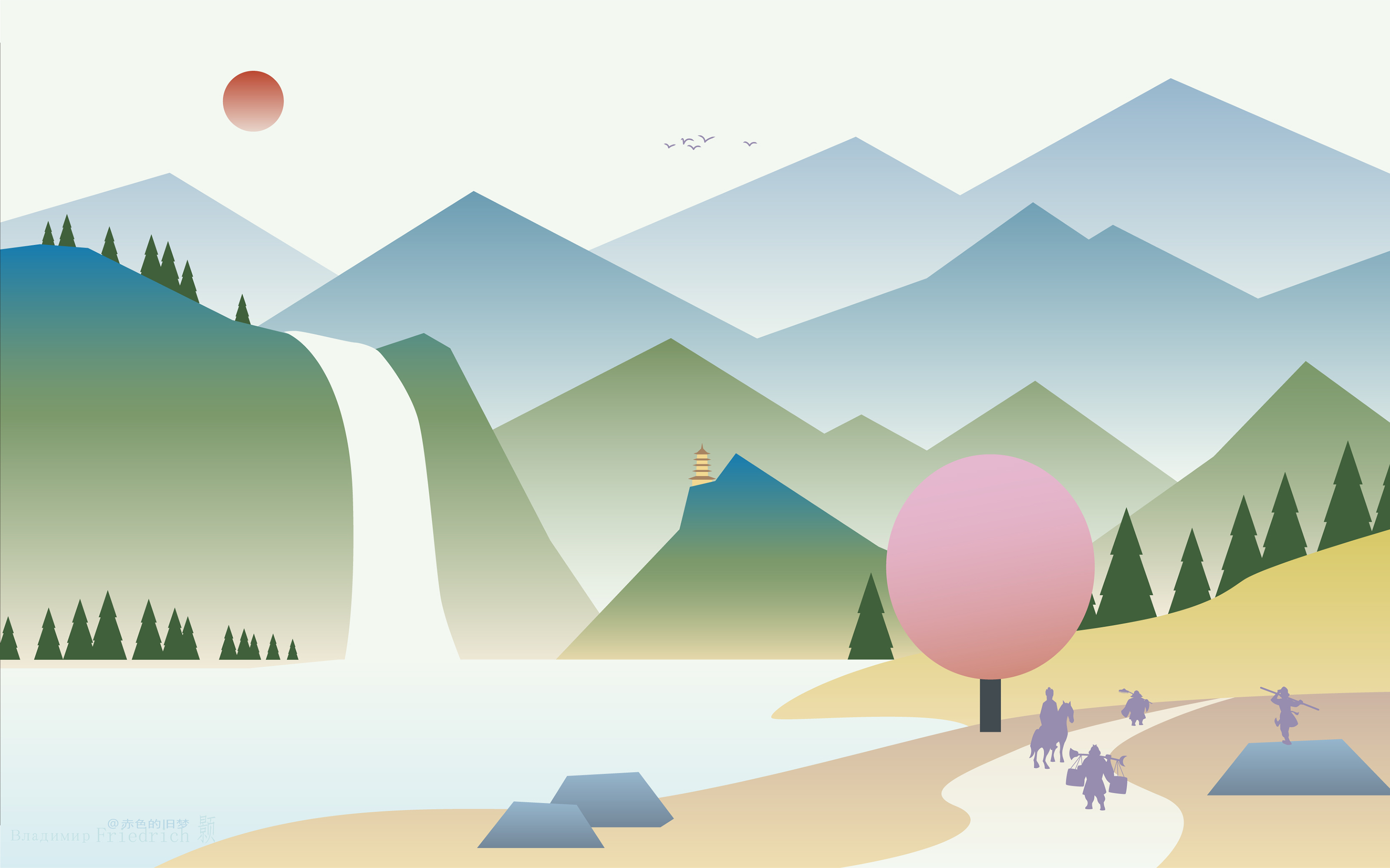 General 3200x2000 Flatdesign landscape Journey to the west waterfall mountains nature water trees digital art