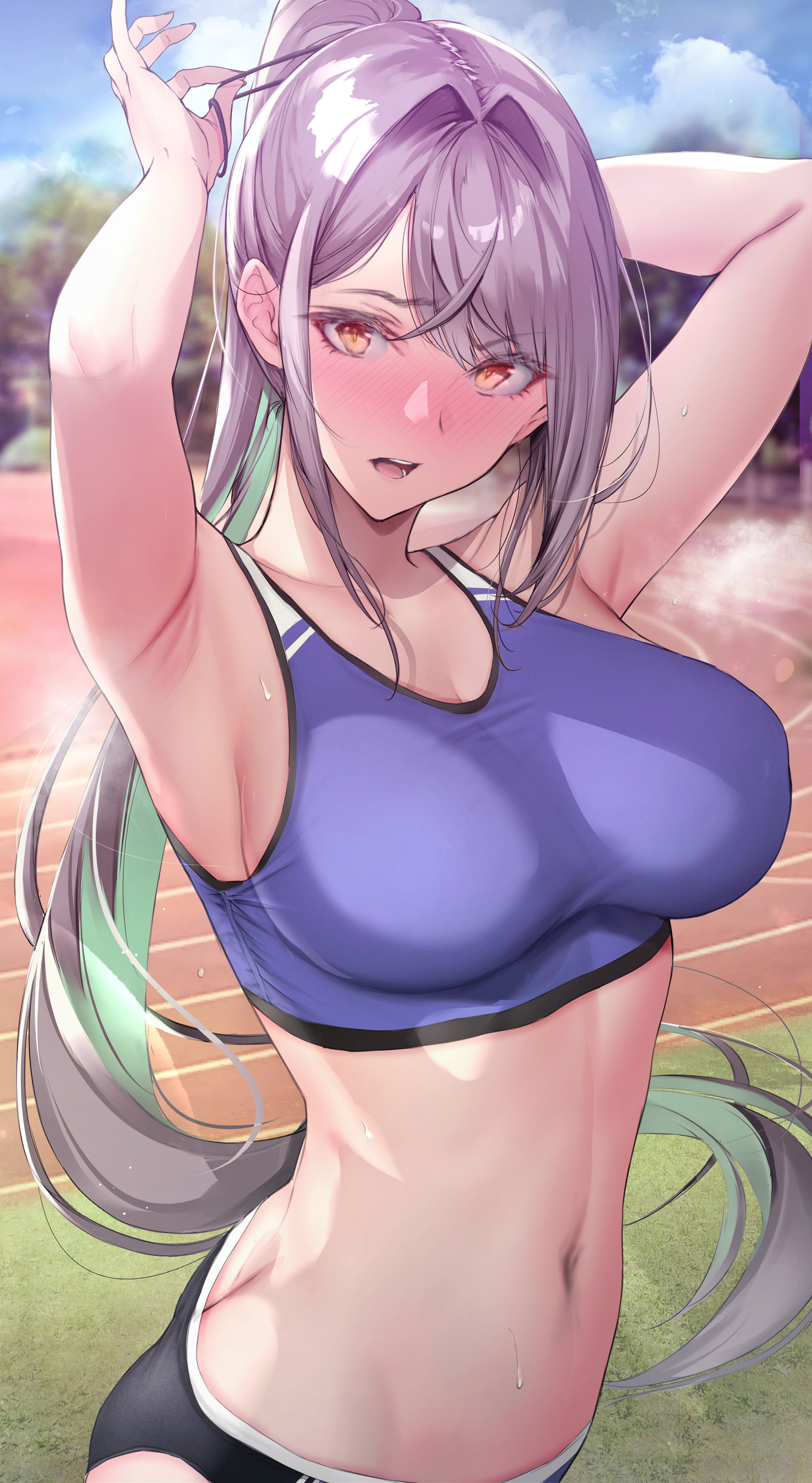 Anime 1645x3000 anime girls Gentsuki blushing ponytail sports bra sports shorts belly belly button armpits big boobs long hair