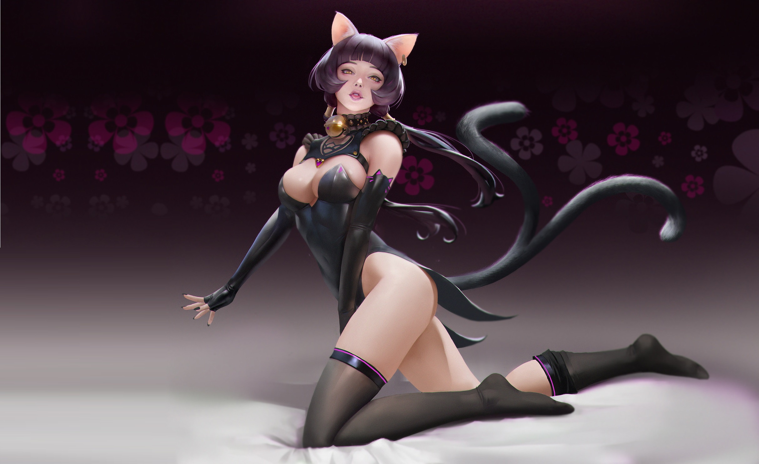Anime 2428x1486 looking at viewer boobs black lingerie tail animal ears gyeong nam cho anime girls cat girl cat ears cat tail purple hair yellow eyes stockings elbow gloves
