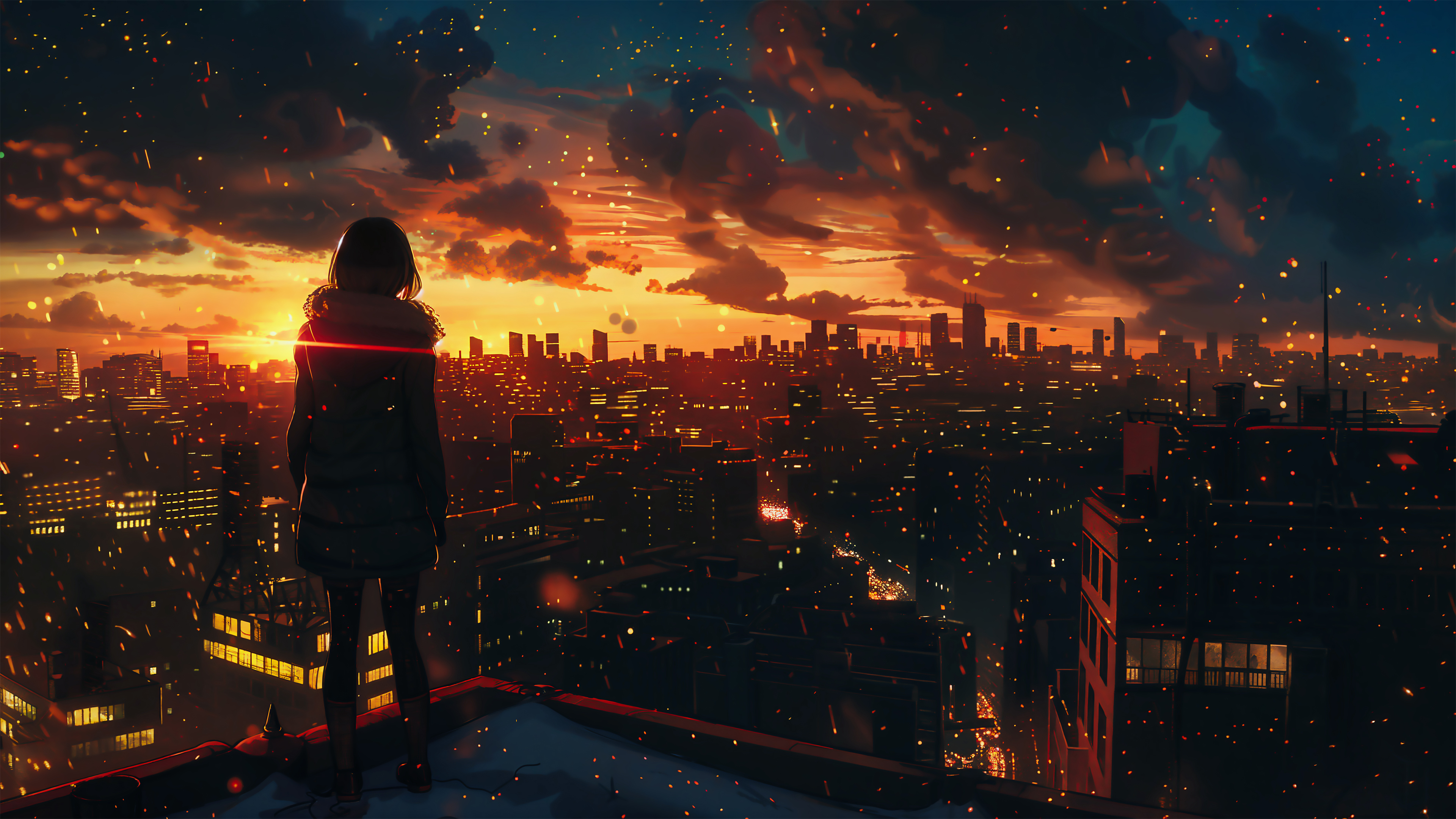 General 3840x2160 cityscape people clouds sunset night AI art rooftops sky building natural light standing