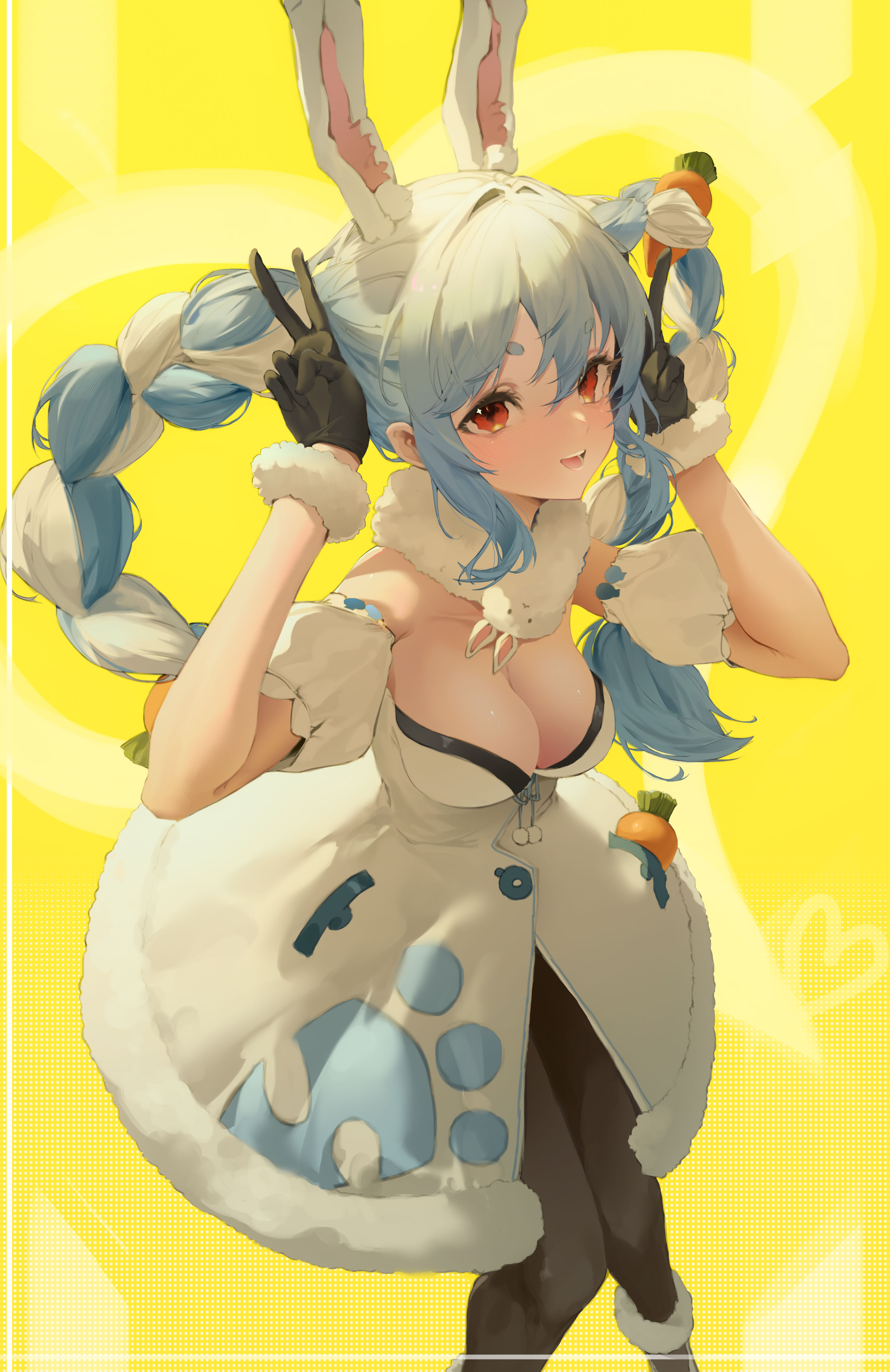 Anime 3000x4624 Chong Sang Jun anime anime girls portrait display yellow background gloves simple background fur fur trim hair between eyes looking at viewer standing Virtual Youtuber twintails bunny ears Usada Pekora Hololive thick eyebrows two tone hair long hair cleavage big boobs bunny girl carrots black gloves red eyes open mouth pantyhose