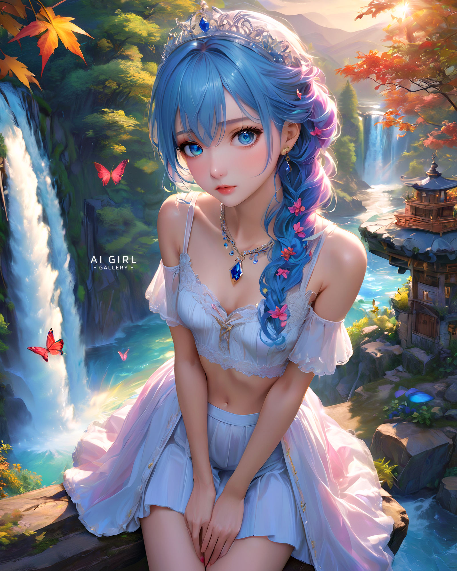 Anime 1600x2000 Stable Diffusion AI art women blue hair nature butterfly