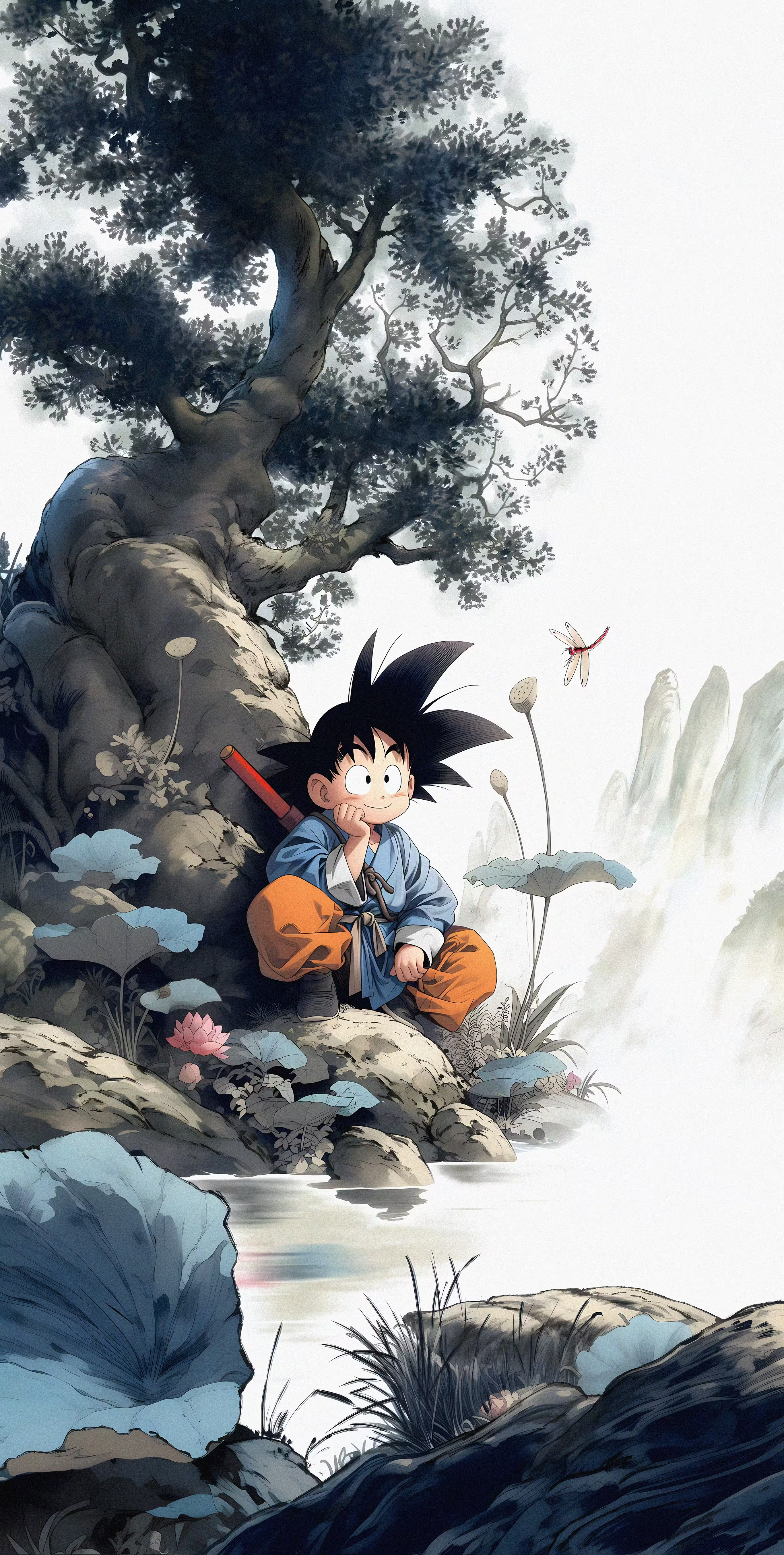 Anime 2732x5412 anime boys Son Goku Dragon Ball outdoors nature dragonflies trees smiling staff portrait display water closed mouth resting head looking away