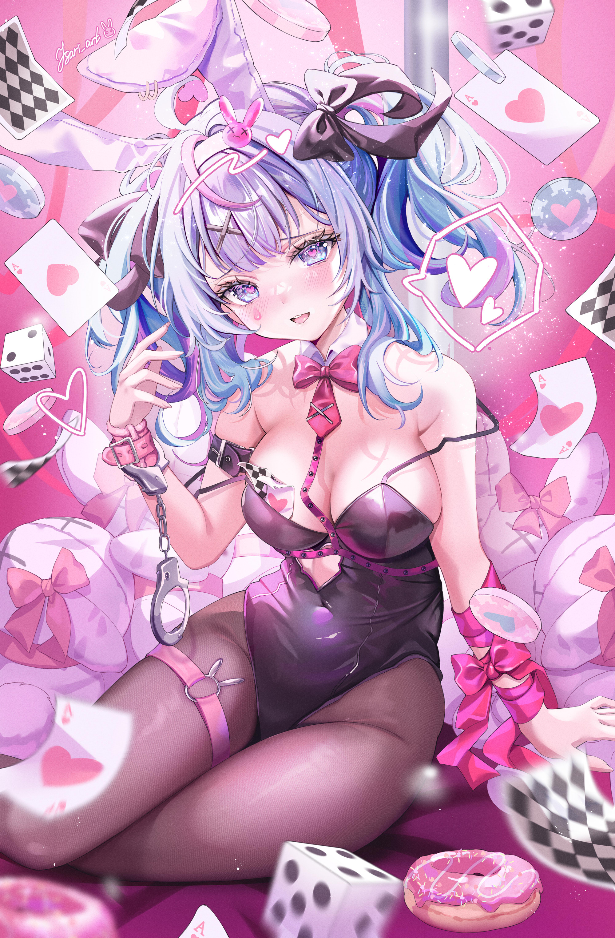 Anime 2000x3047 anime anime girls Vocaloid Hatsune Miku blue hair blue eyes pantyhose leotard handcuffs dice heart eyes donut cards blushing Isari sensei poker chips animal ears bunny ears heart portrait display ribbon pink ribbon stuffed animal cleavage looking at viewer ahoge bunny suit bunny girl strap falling off shoulder open mouth long hair thigh strap purple leotard