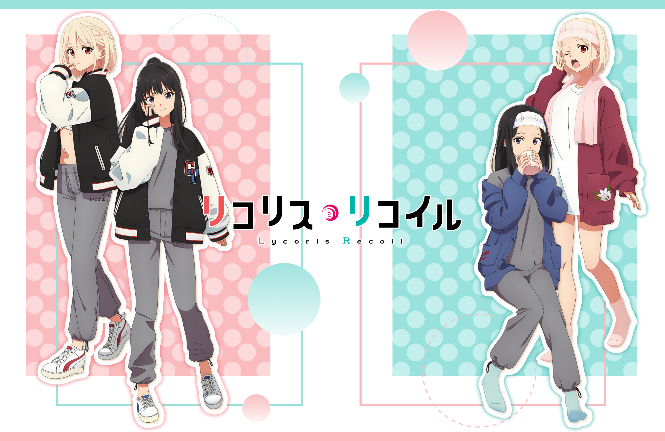 Anime 2560x1700 anime anime girls Lycoris Recoil Inoue Takina Nishikigi Chisato blonde looking at viewer jacket black hair closed mouth open mouth one eye closed yawning towel cup open jacket standing short hair long hair touching face ponytail french braids smiling Japanese bright title