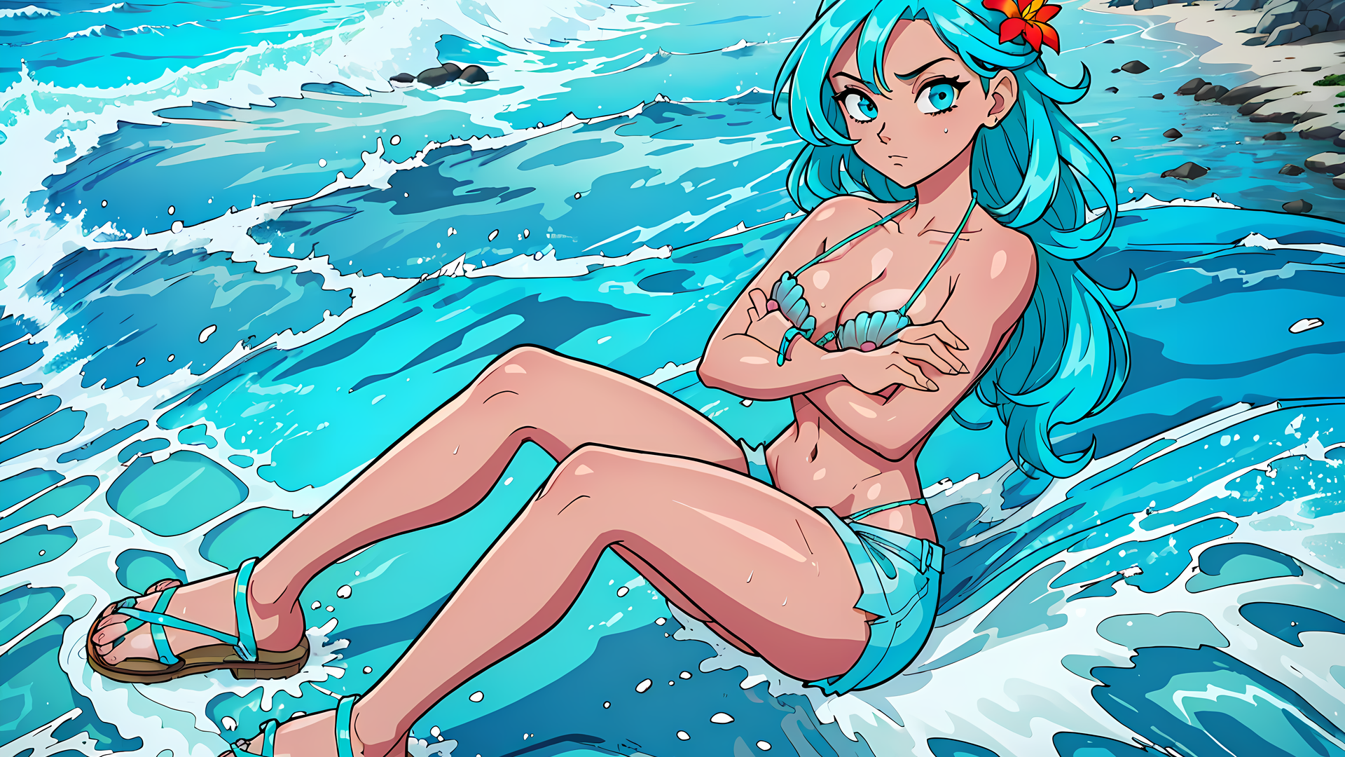 Anime 1920x1080 beach bikini bottoms Sunny AI art