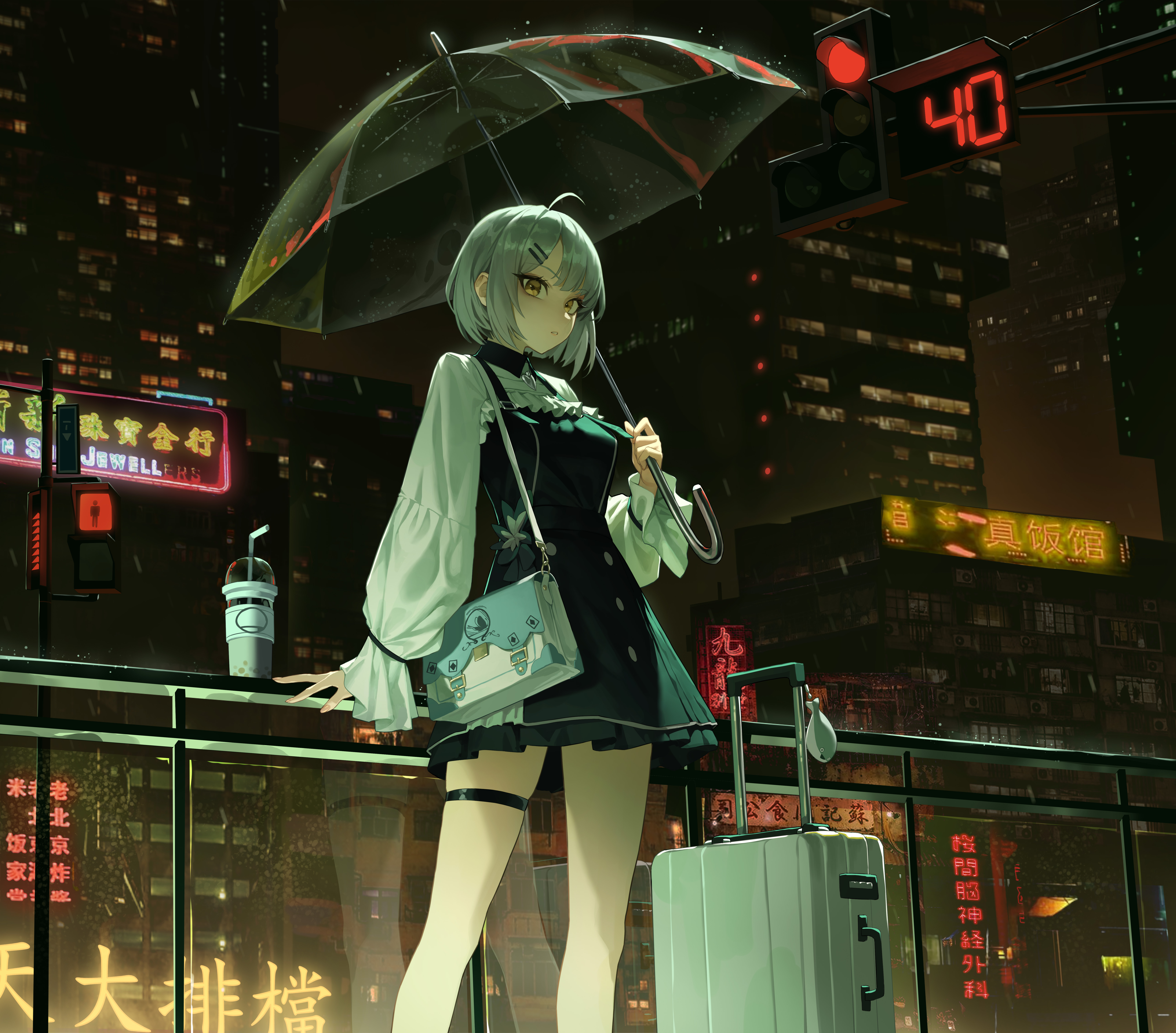 Anime 6830x6000 anime anime girls rain night skirt suitcase umbrella city gray hair yellow eyes balcony