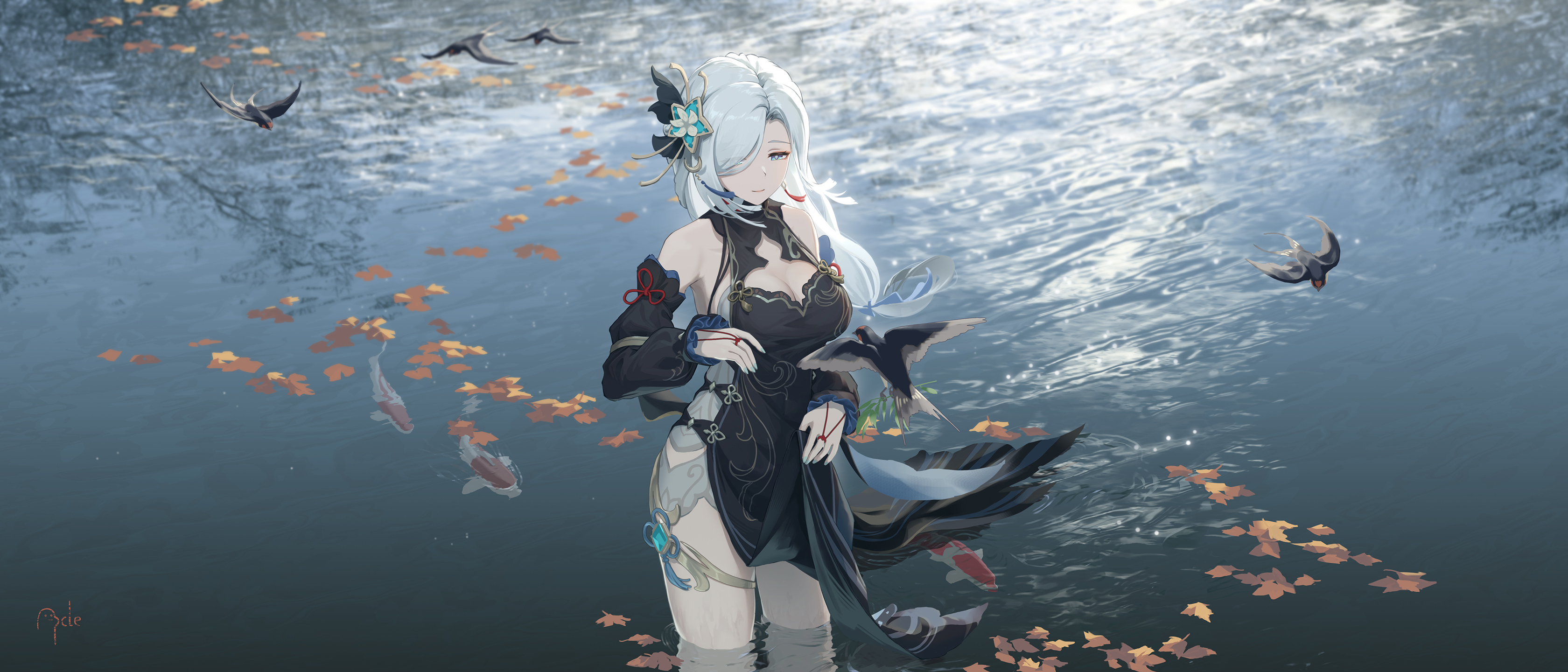 Anime 3360x1440 anime anime girls Shenhe (Genshin Impact) Genshin Impact water standing standing in water signature Cle (artist) hair over one eye tassels hair ornament long hair closed mouth cleavage bare shoulders animals detached sleeves sunlight blue nails painted nails tassel earrings wind fish