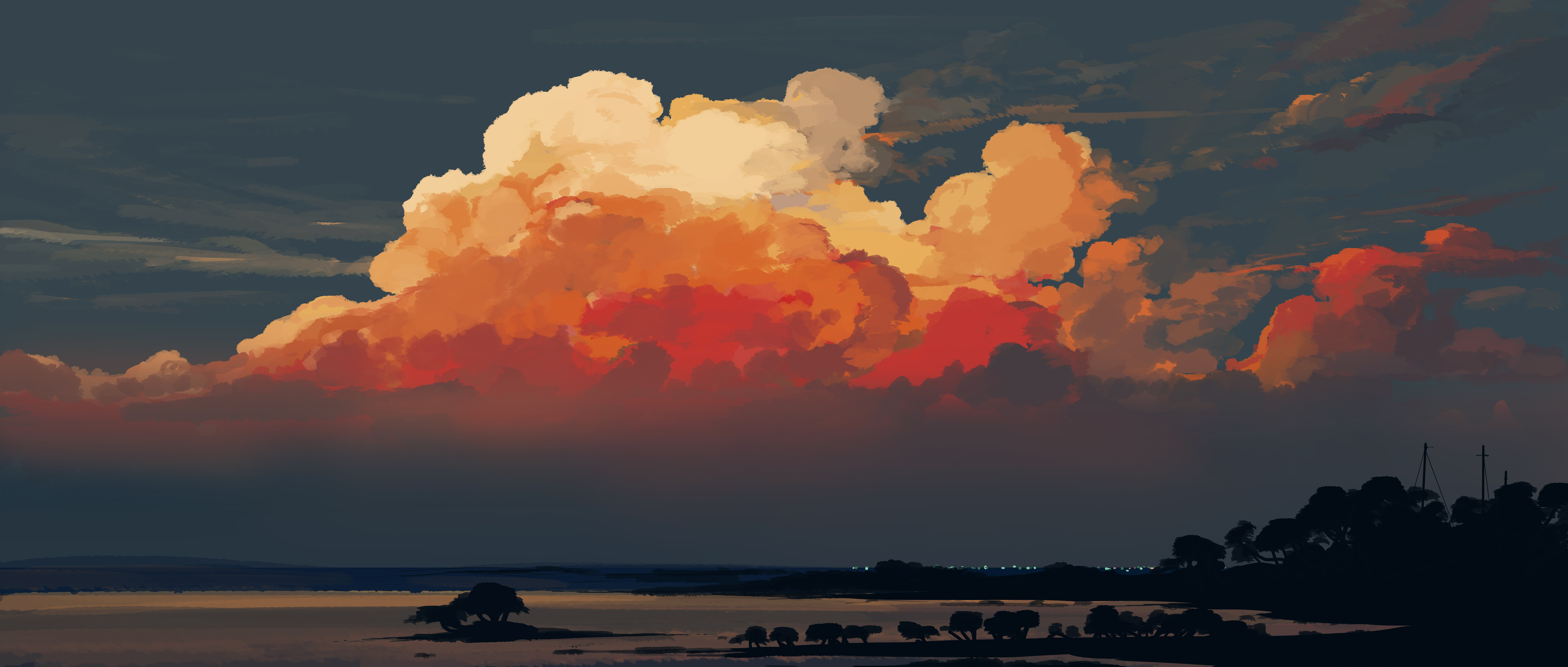 Anime 5640x2400 anime sky Gracile clouds sea beach sunset horizon trees