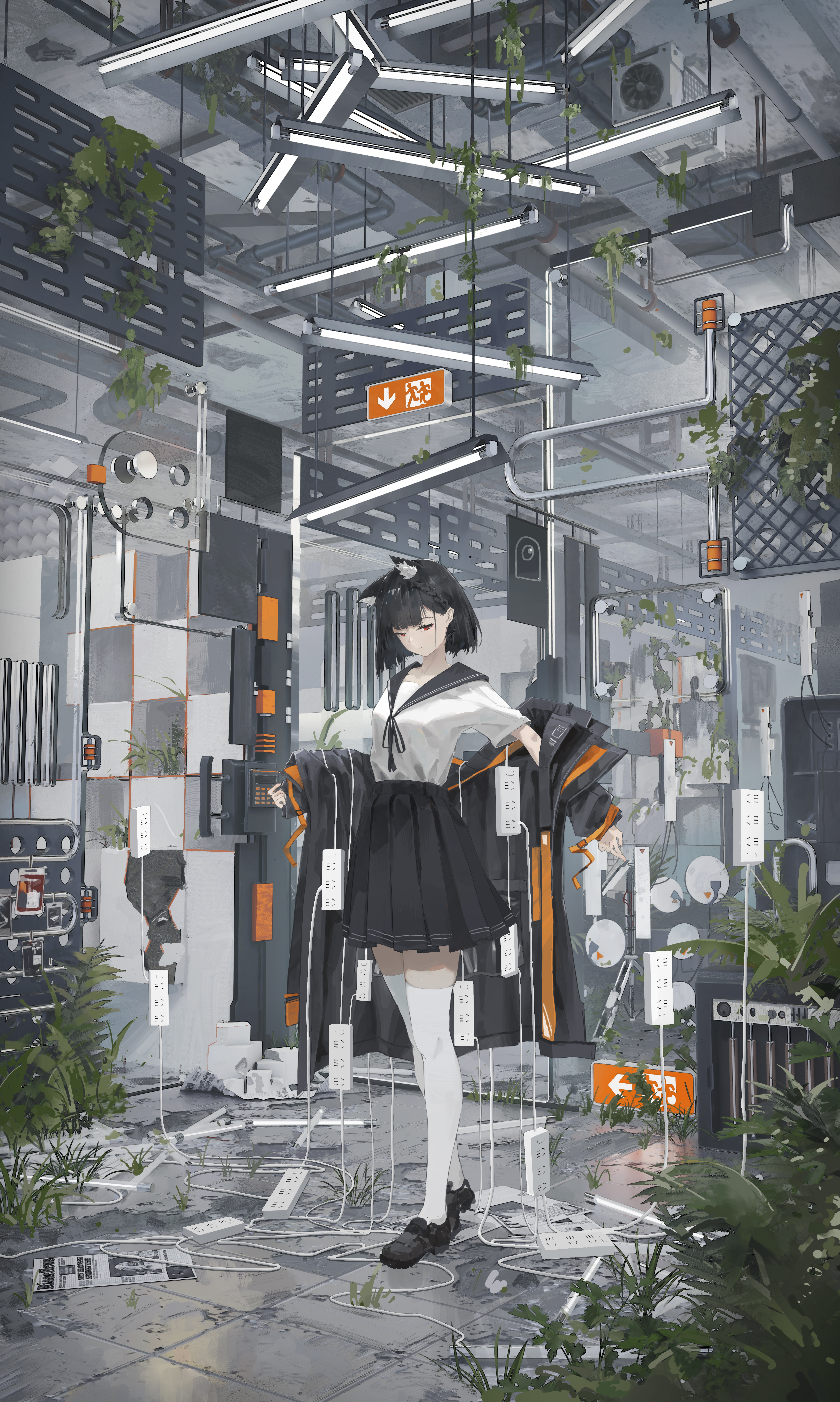 Anime 4928x8220 Rotarran anime anime girls short hair cat girl thigh-highs white thigh highs skirt long skirt cat ears portrait display standing short sleeves black hair schoolgirl school uniform red eyes closed mouth power socket leaves signs lights jacket french braids cables arrow (design) plants artificial lights tile floor overgrown ceiling lights newspapers zettai ryouiki