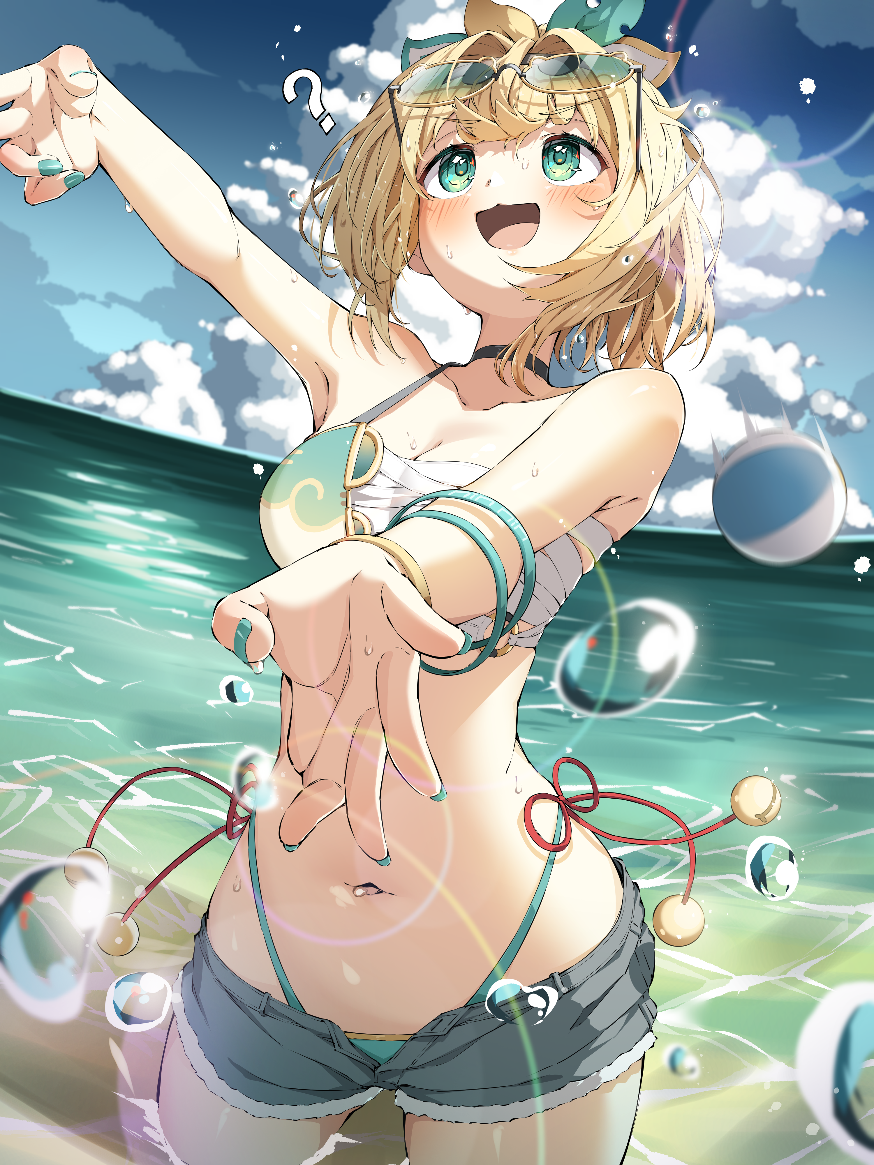 Anime 3000x4000 ama rei Pixiv anime anime girls water drops beach open shorts Kazama Iroha Hololive Virtual Youtuber blue eyes blonde