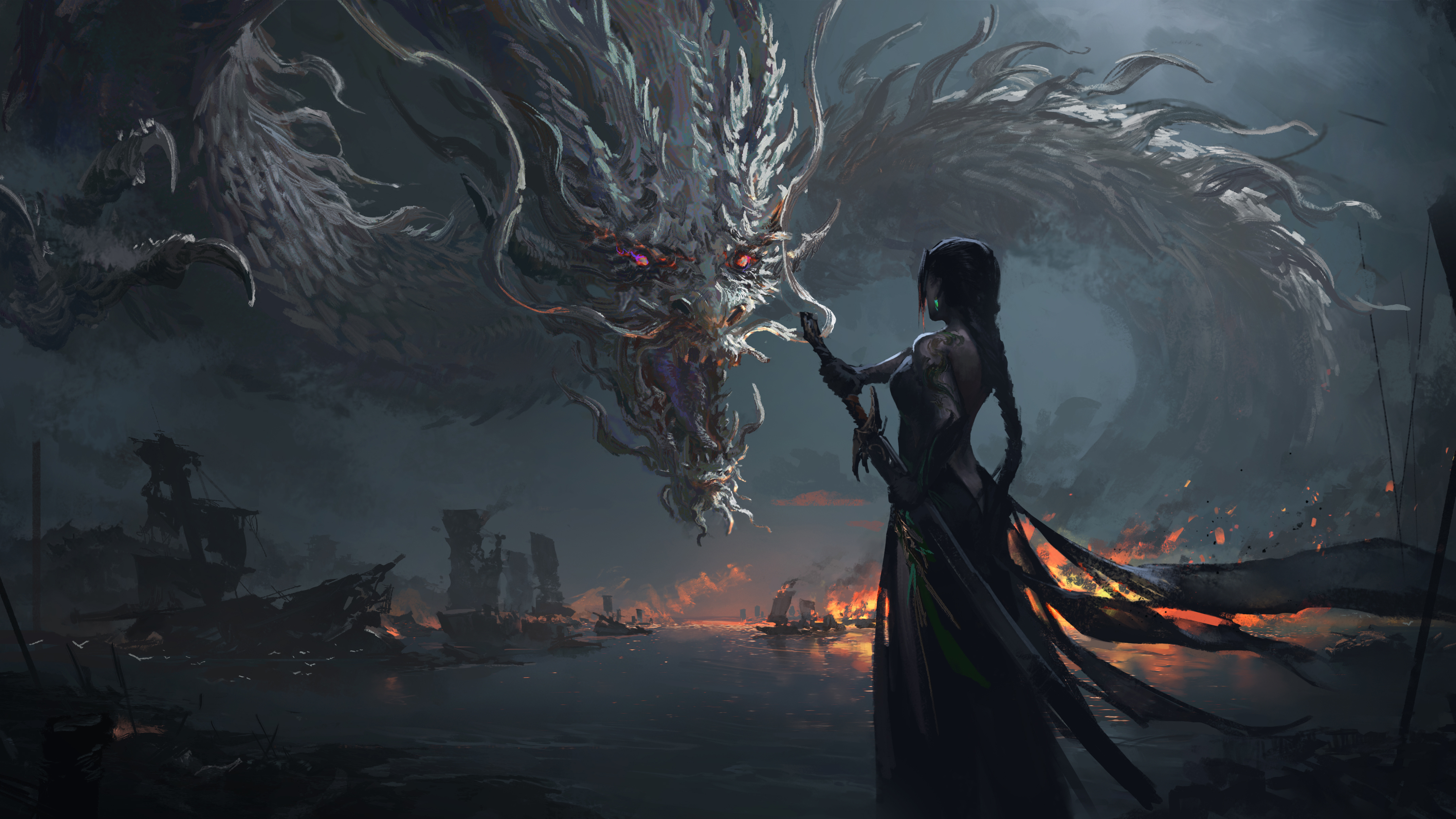Anime 4288x2412 LEO (Artist) rear view dragon original characters weapon fire boat ponytail long hair back tattoo sword braids water dress Chinese dragon