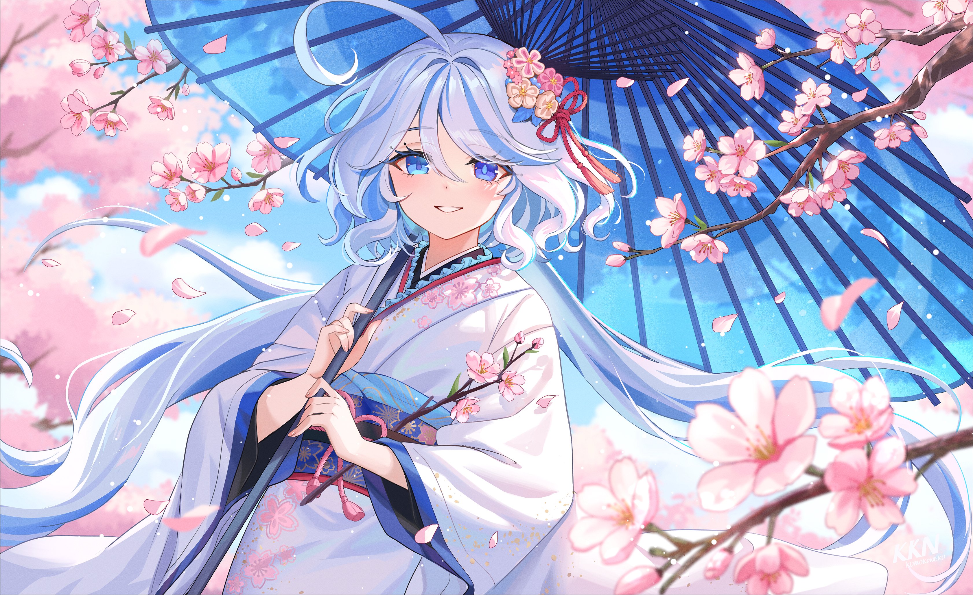 Anime 3364x2059 Genshin Impact umbrella Furina (Genshin Impact) looking at viewer petals Japanese clothes kimono heterochromia long hair Yun Ting women outdoors cherry blossom blue hair flower in hair blue eyes smiling hair ornament two tone hair ahoge hair between eyes sky clouds open mouth anime girls wide sleeves