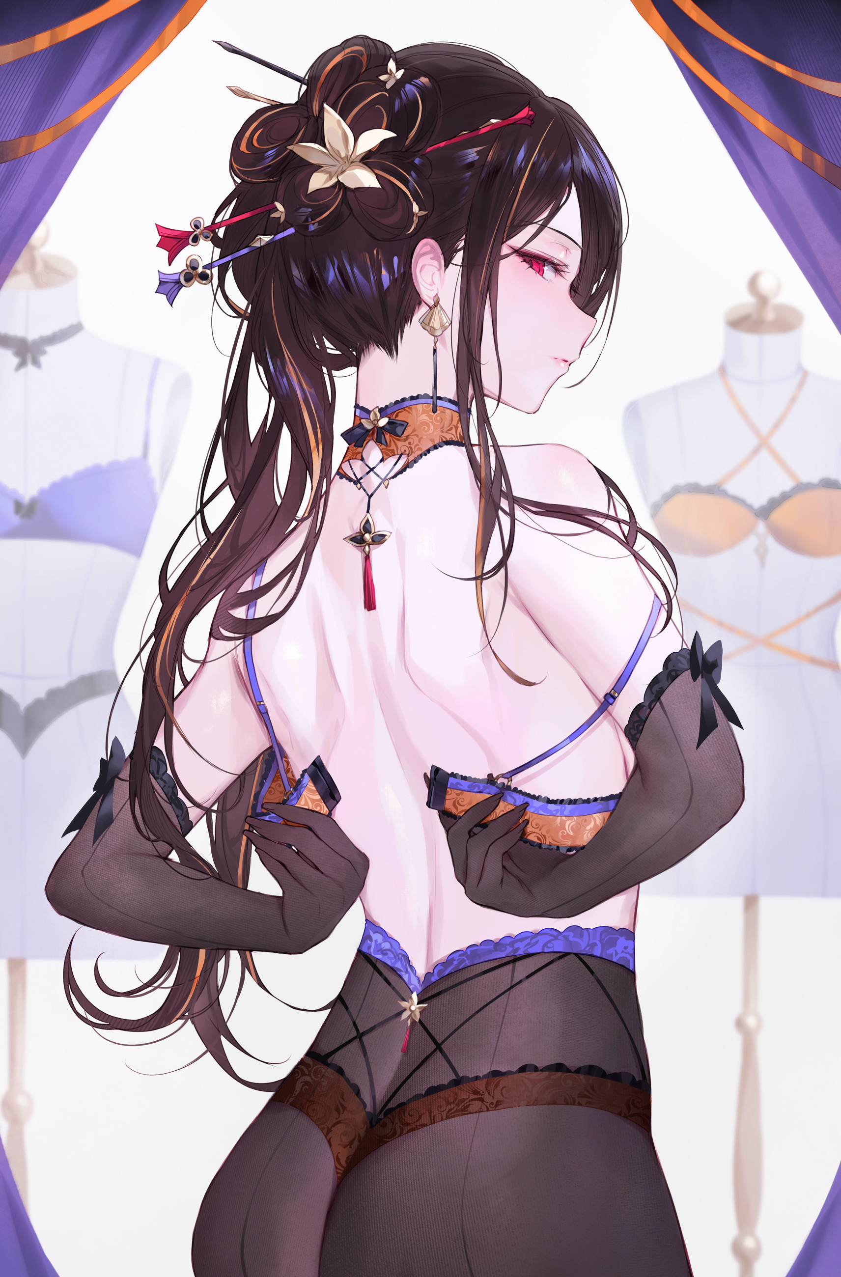 Anime 1712x2600 Genshin Impact long hair portrait display pantyhose Chiori (Genshin Impact) looking back two tone hair red eyes looking at viewer bare shoulders jewelry black gloves orange bra Qiandaiyiyu rear view elbow gloves gloves undressing blue bra hair ornament back closed mouth panties underwear earring arm(s) behind back bra anime girls arched back looking over shoulder ass