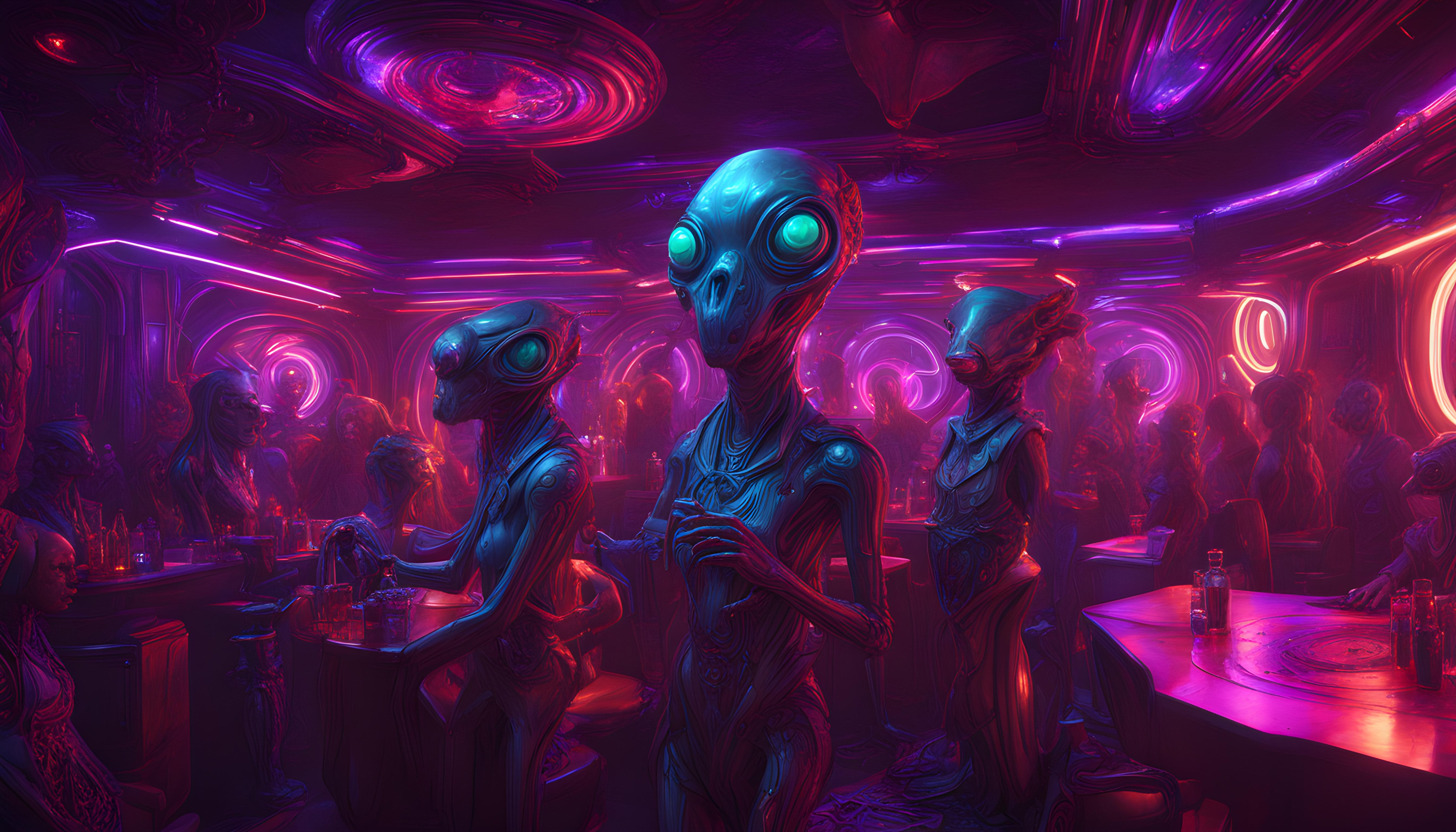 General 5376x3072 aliens bar colorful AI art drink interior standing crowds