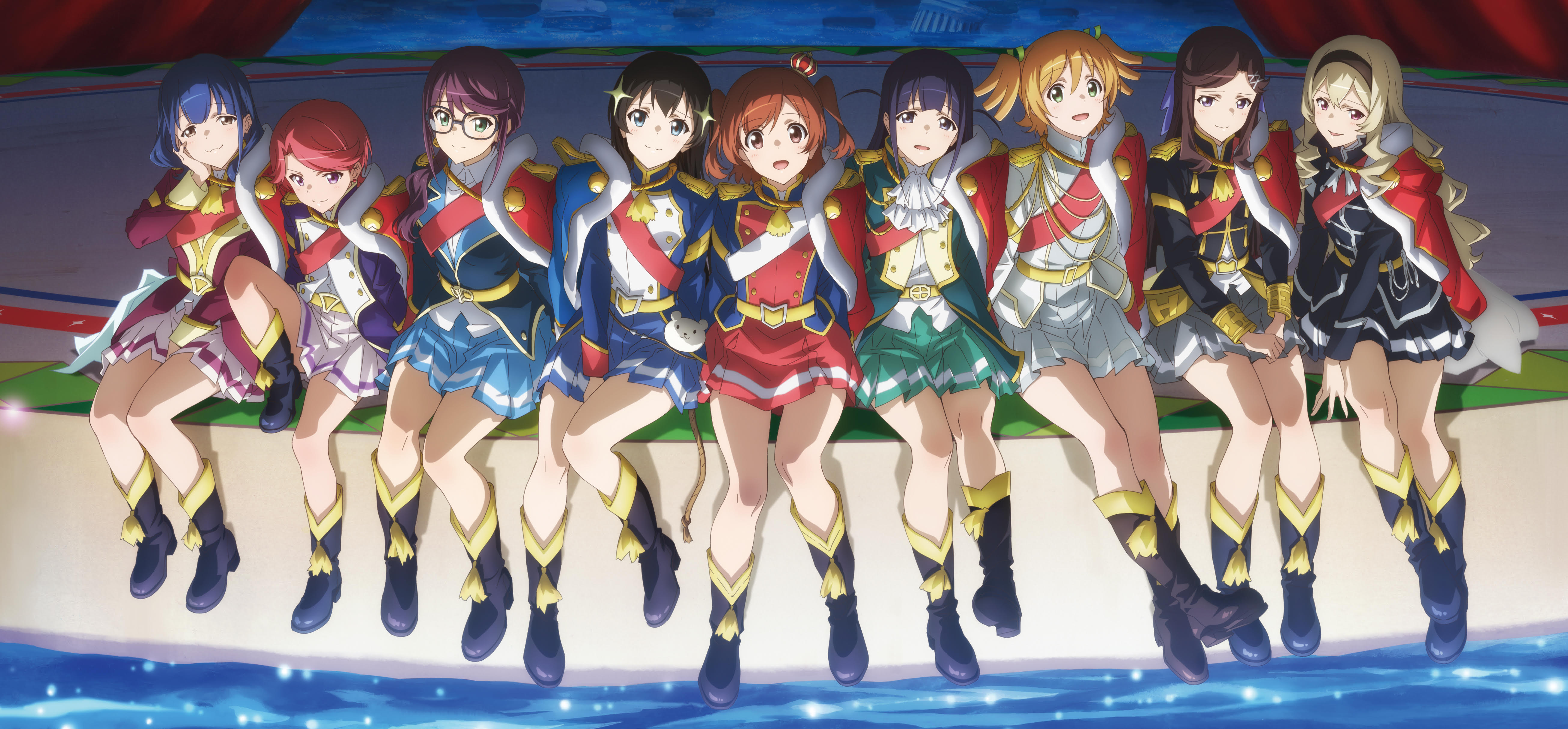 Anime 5221x2428 Shoujo Kageki Revue Starlight Shoujo☆Kageki sitting uniform looking at viewer boots water glasses anime girls hand on face closed mouth open mouth