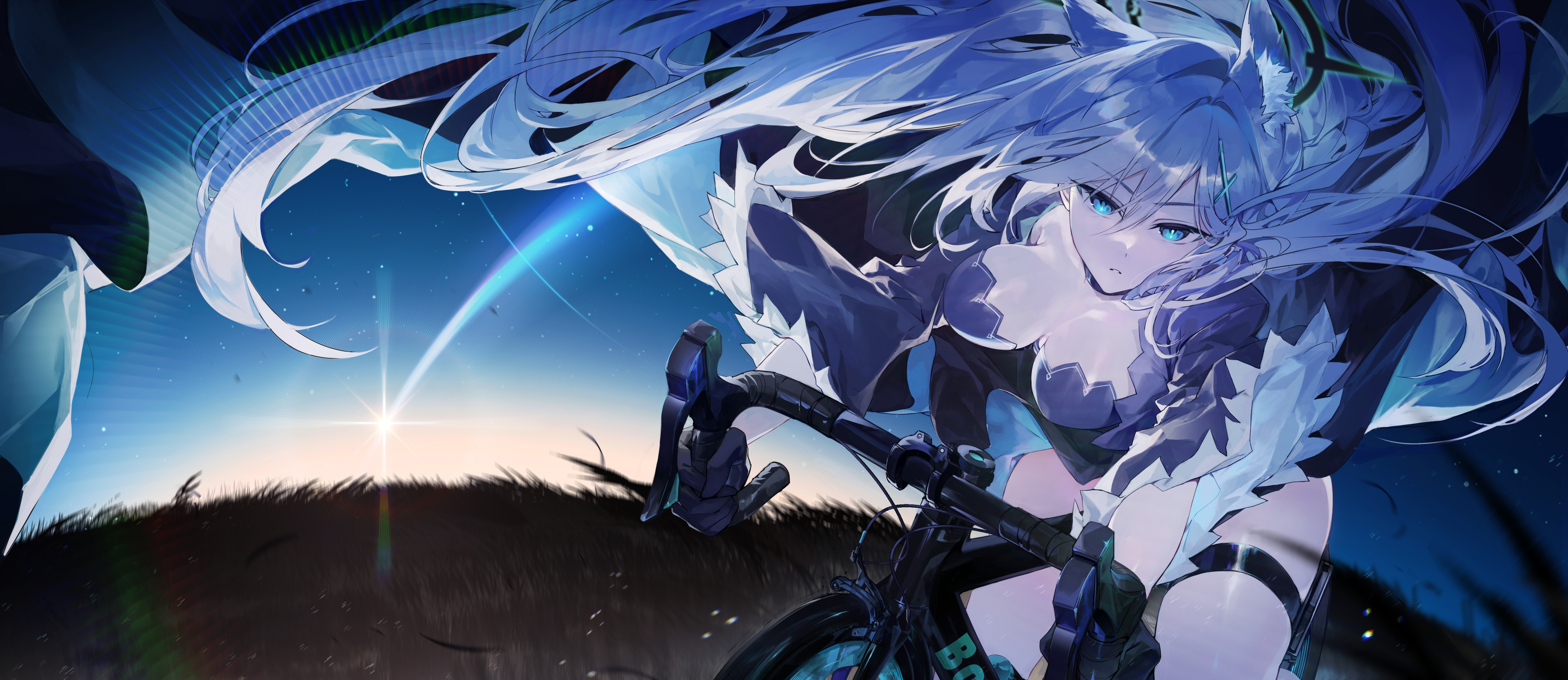 Anime 5426x2354 anime anime girls Shiroko (Blue Archive) Blue Archive long hair cleavage big boobs looking at viewer blue hair blue eyes bicycle leaves fox girl sky fox ears gloves shooting stars