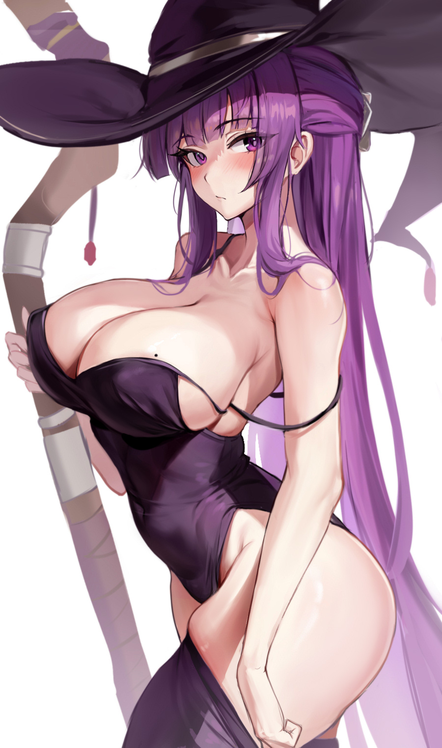 Anime 900x1523 Sousou No Frieren leotard portrait display anime girls Fern (Sousou No Frieren) huge breasts purple hair long hair looking at viewer purple leotard witch hat blushing mole on breast simple background hat white background moles bare shoulders undressing ksorede hair ornament cleavage closed mouth alternate costume staff thighs blunt bangs