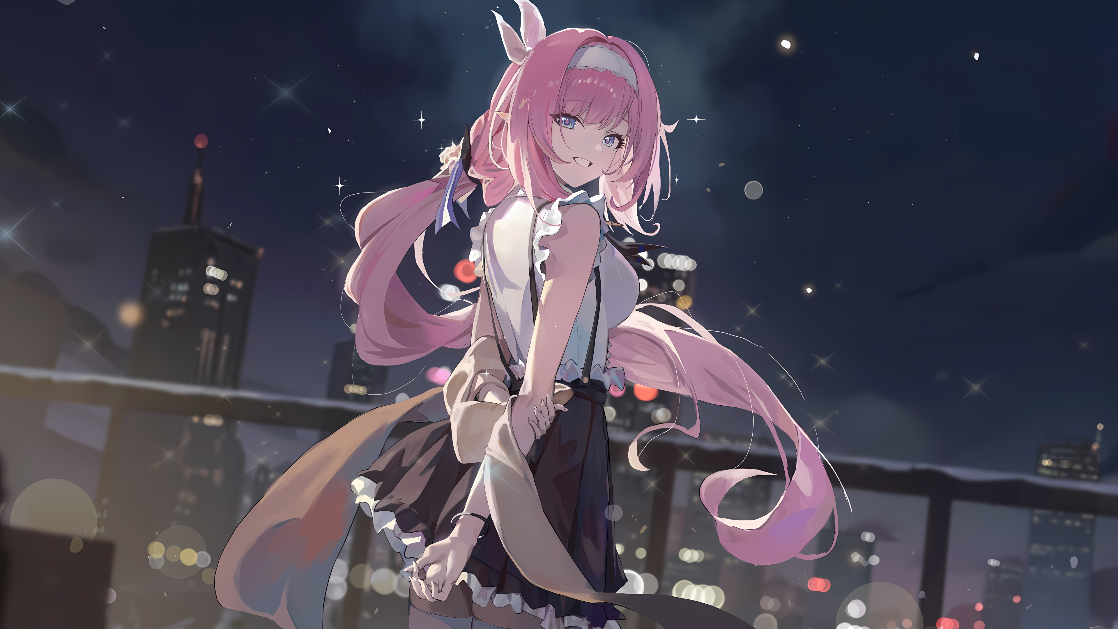Anime 3840x2160 Elysia (Honkai Impact 3rd) Honkai Impact 3rd maid anime girls maid outfit Honkai Impact night sky stars skirt frills dress standing looking at viewer smiling building city lights blurred blurry background long hair pink hair blue eyes pointy ears arm(s) behind back bracelets bare shoulders