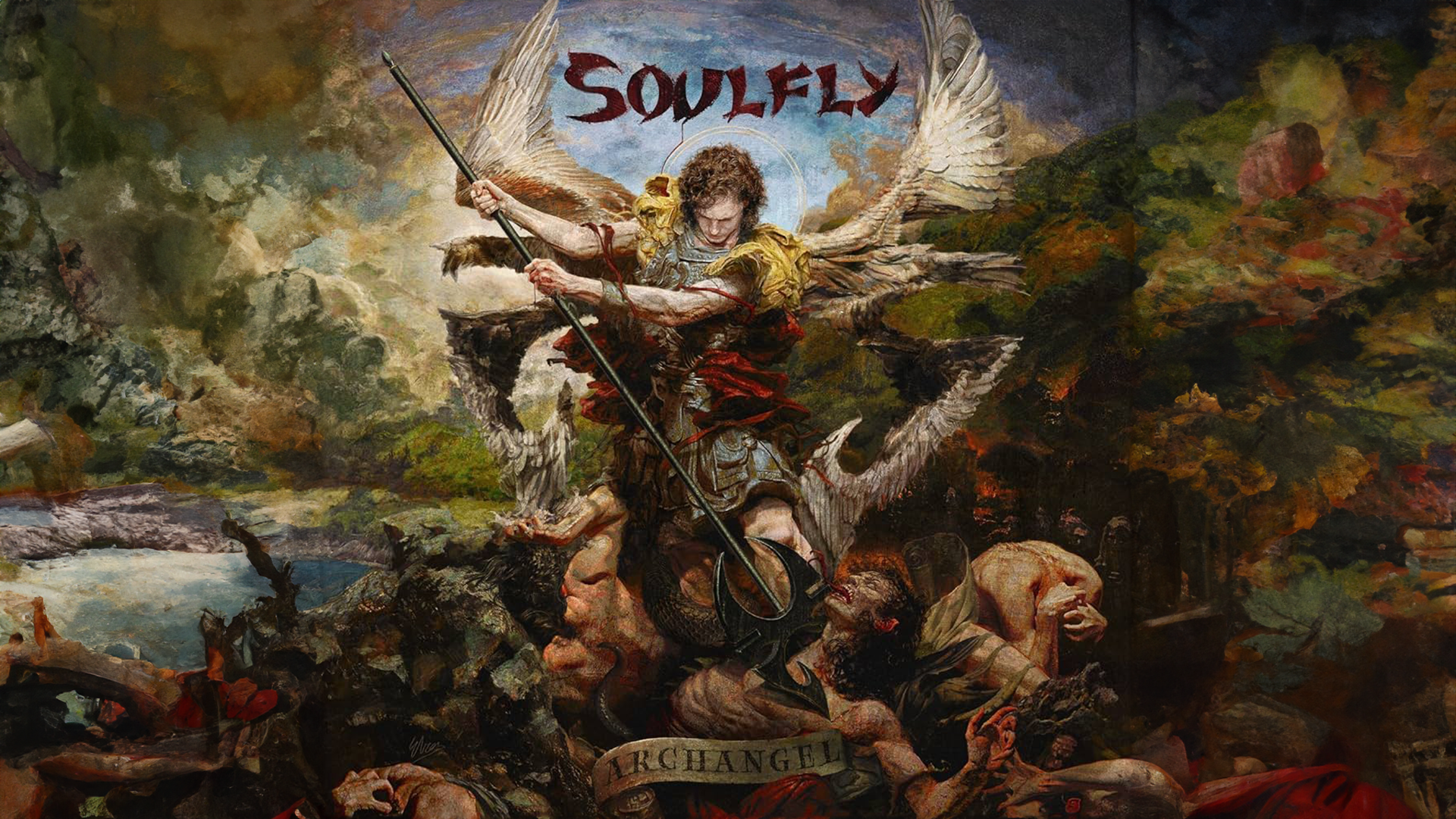 General 1920x1080 metal band Soulfly band wings men album covers religious weapon blood artwork