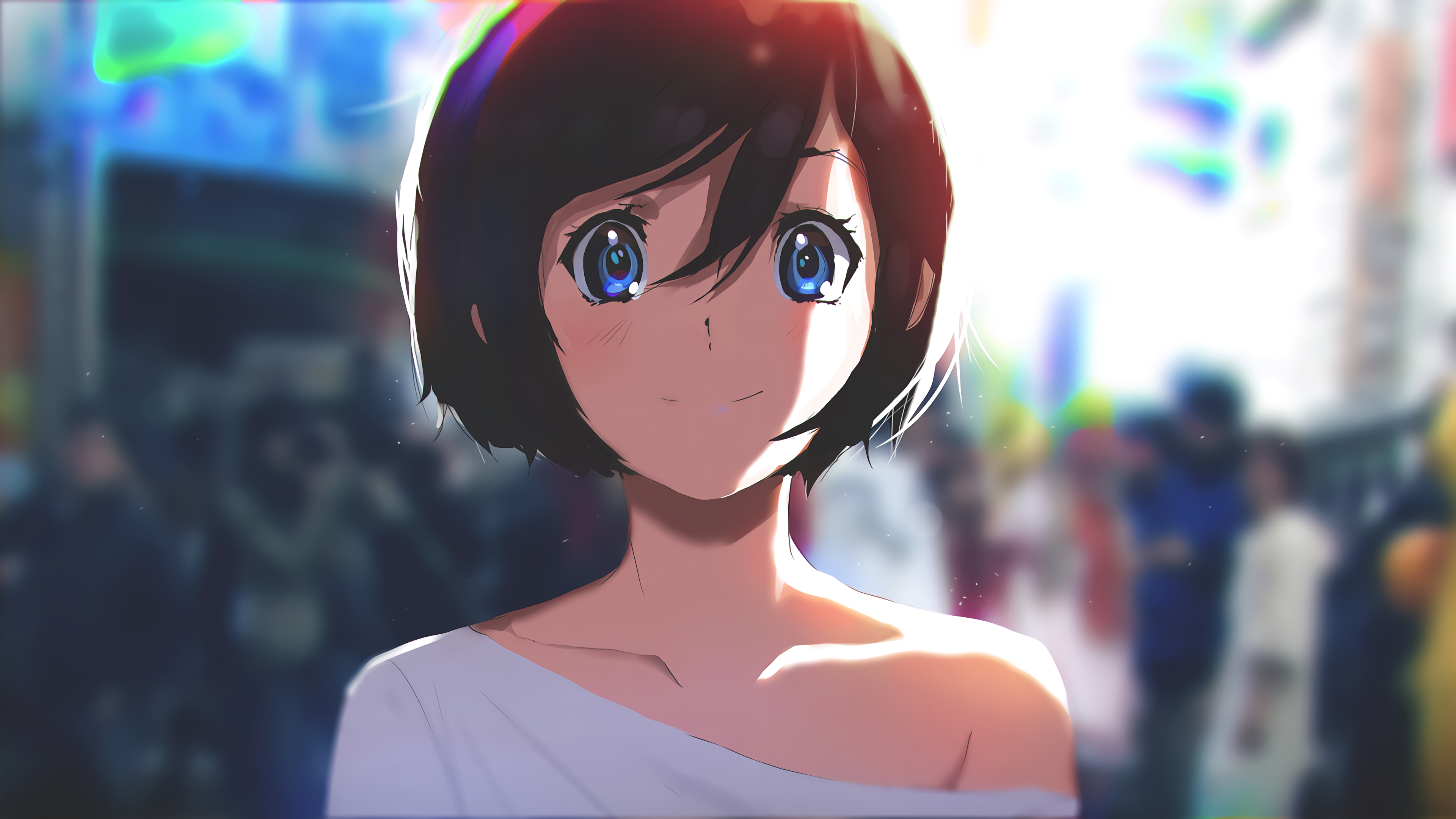 Anime 3840x2160 brunette blue eyes short hair crowds frontal view anime hair between eyes closeup anime girls smiling looking at viewer portrait one bare shoulder women bare shoulders sunlight DeviantArt Tom Skender blurred blurry background closed mouth face