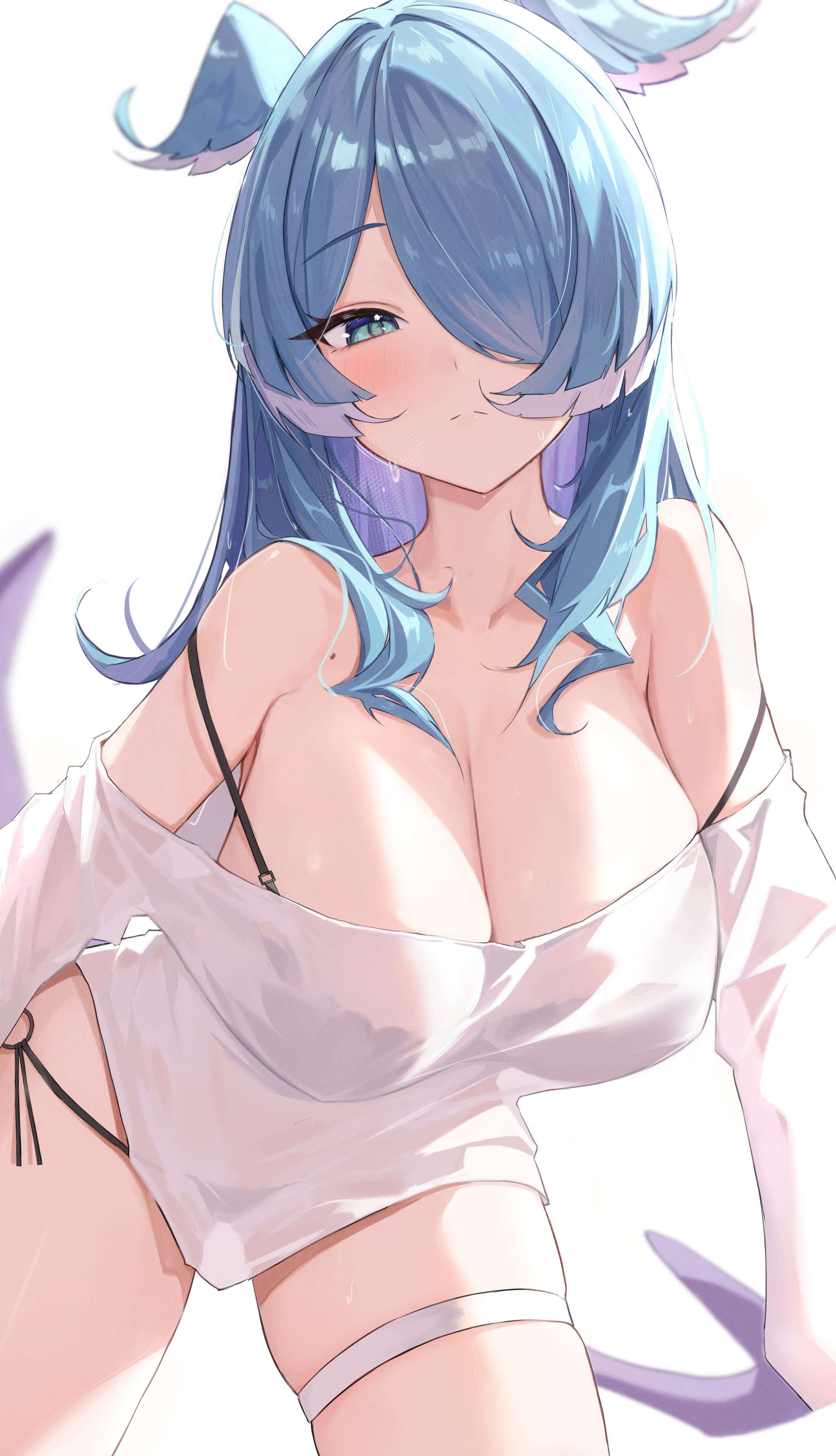 Anime 2206x3839 anime anime girls Elira Pendora long hair hair over one eye blushing blue hair blue eyes looking at viewer frown cleavage huge breasts hanging boobs moles underwear closed mouth see-through clothing animal ears minimalism simple background wet white background wet body Nijisanji