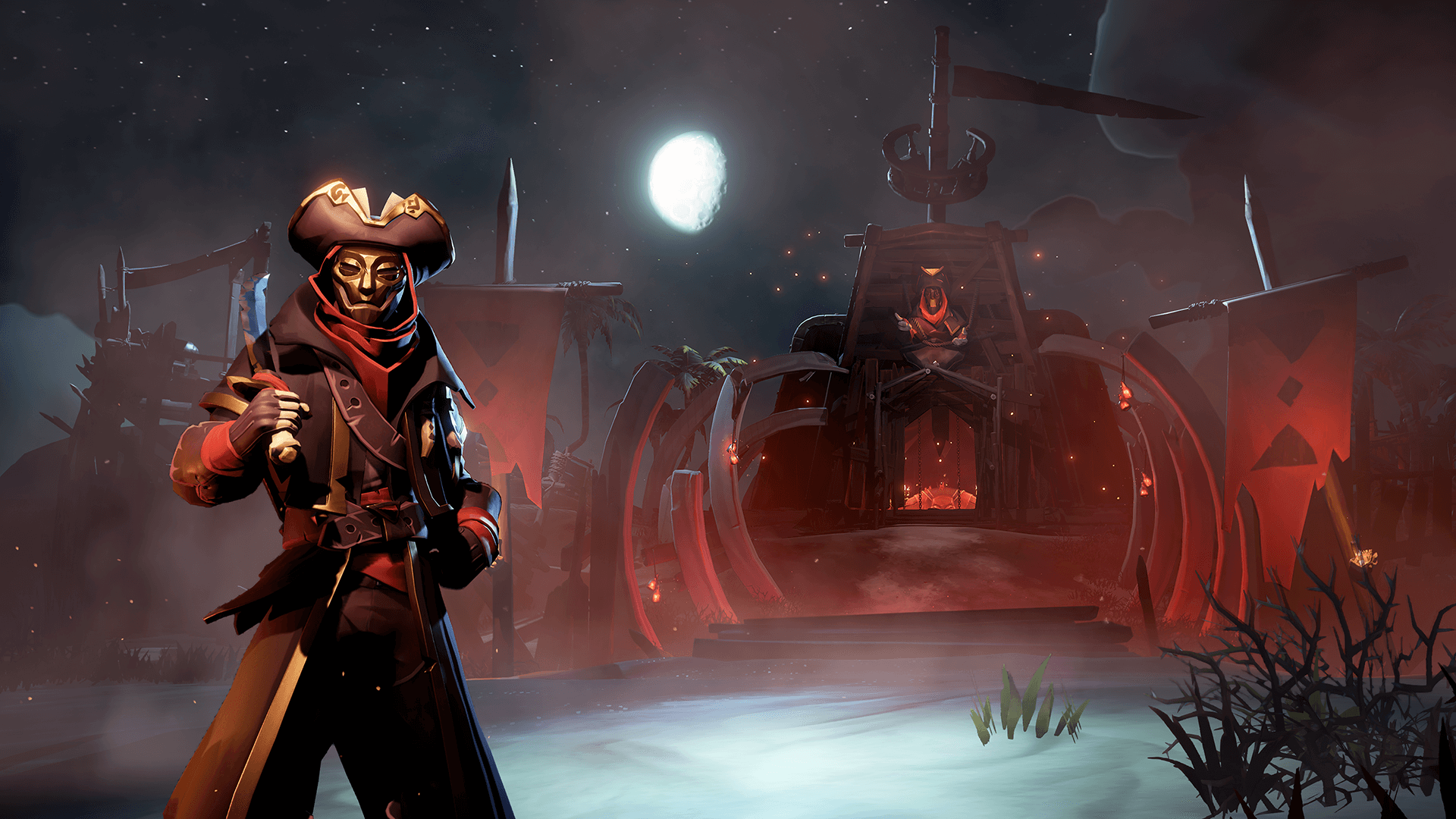 General 1920x1080 The Servant of the Flame (Sea of Thieves) night video games video game characters Moon Sea of Thieves video game art sky stars pirate hat gloves sword mask